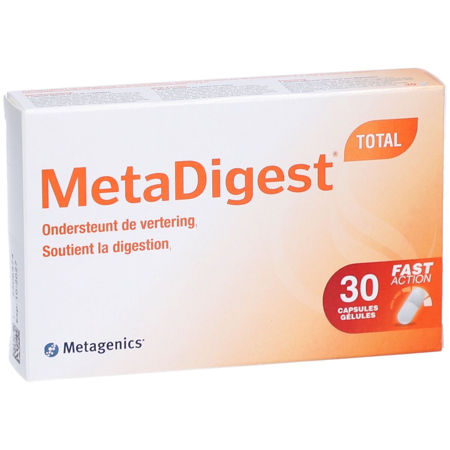 MetaDigest Total verpakking. Oranje tekst op witte achtergrond. 30 capsules. Metagenics logo.