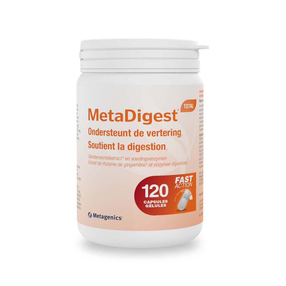 Witte fles MetaDigest. 120 capsules. Metagenics-logo. Tekst: Ondersteunt de vertering, Soutient la digestion.