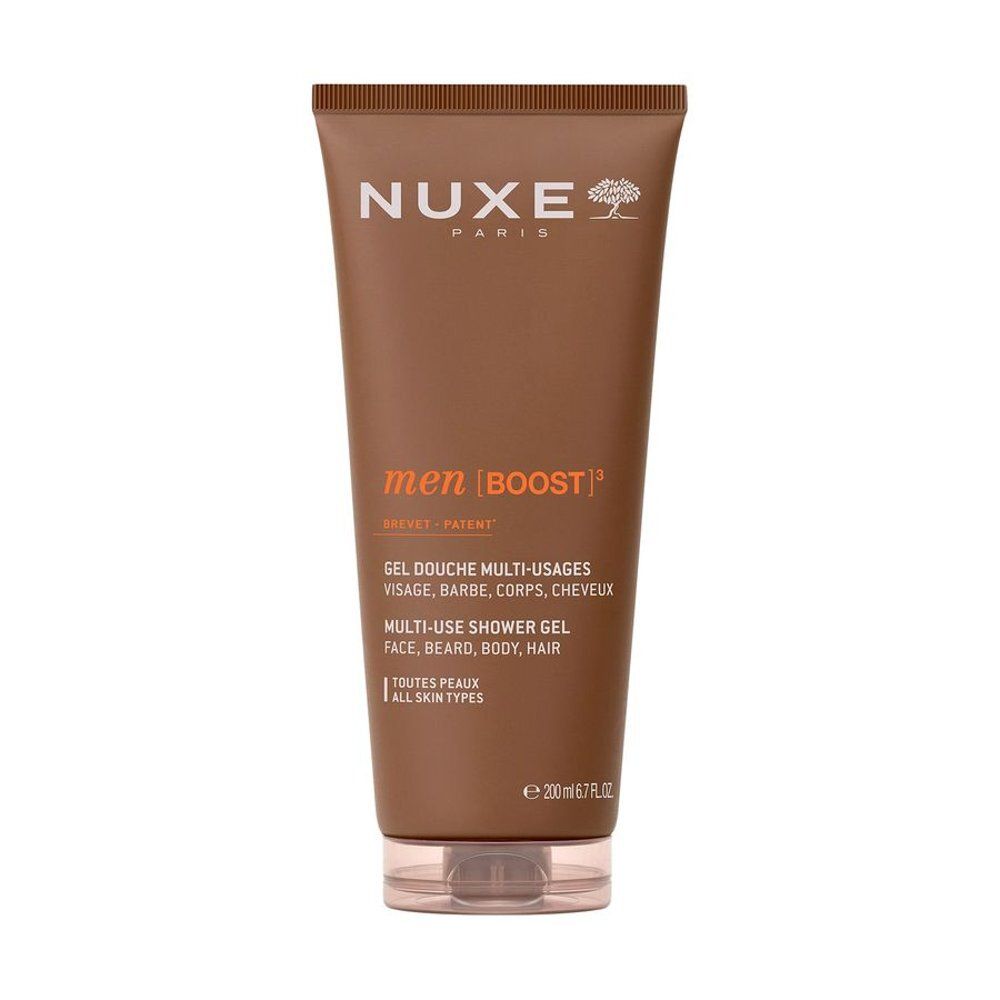 Nuxe Men Boost Multi-Use Shower Gel tube, bruin, met transparante dop.