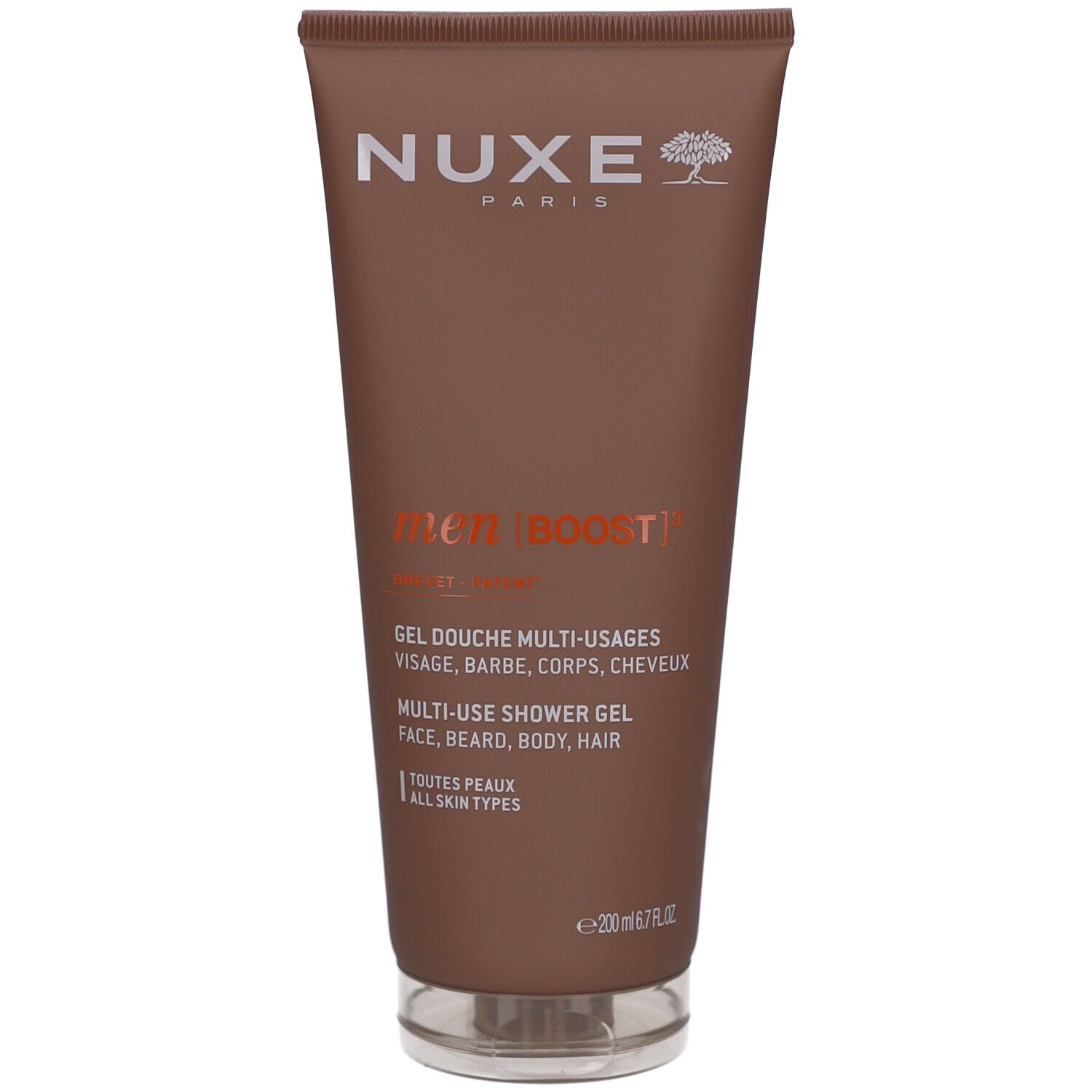 Tube marron. Marque Nuxe. Texte: Men Boost, Gel Douche Multi-Usages. Pour visage, barbe, corps, cheveux. 200ml.
