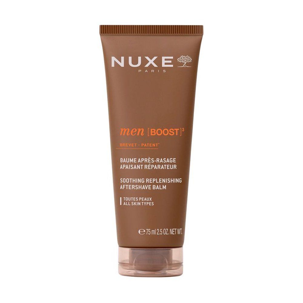 Nuxe Men [BOOST]³ Aftershave balsem in bruine tube met transparante dop. Bevat 75 ml.