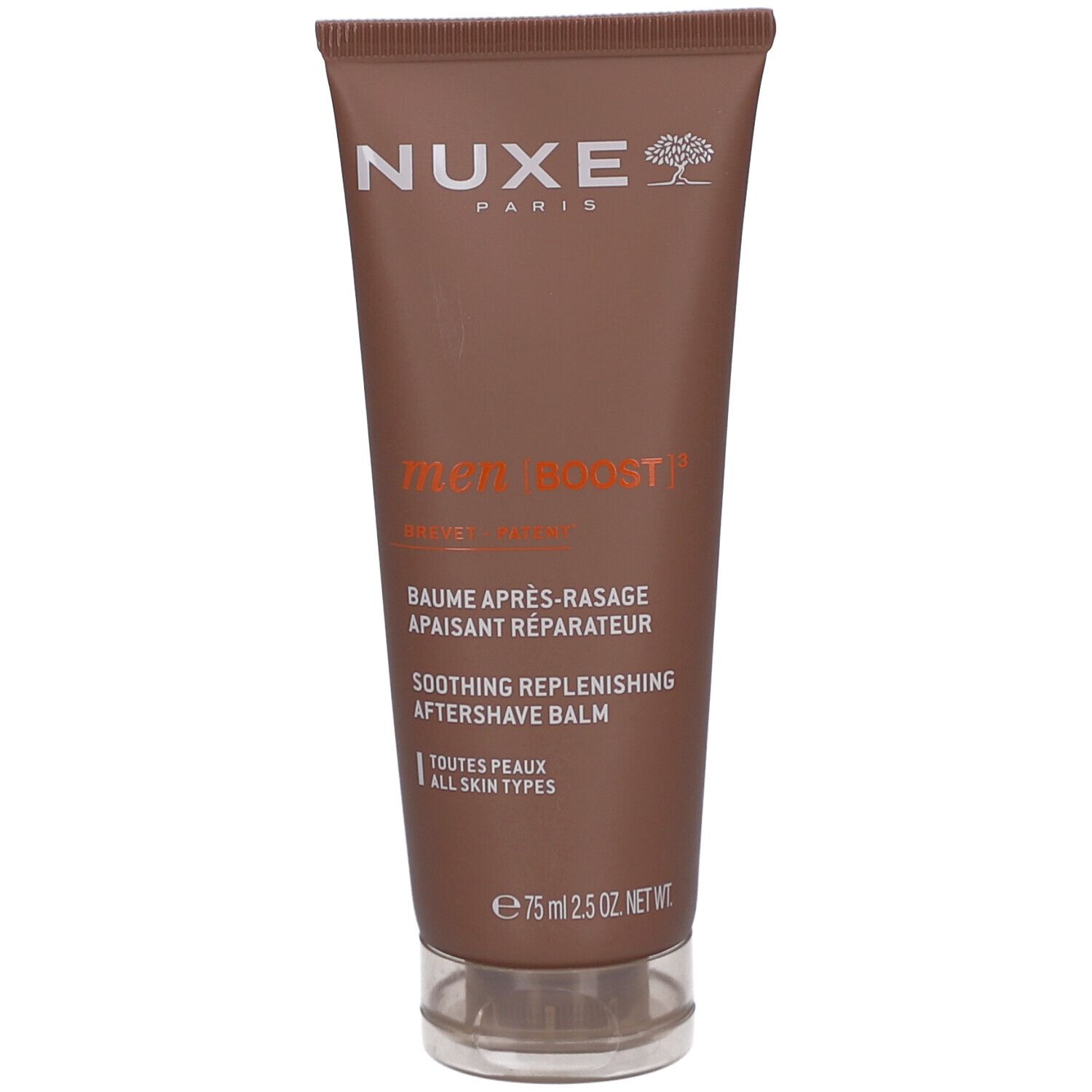 Tube marron avec logo Nuxe blanc et texte Men Boost³. Inscription Baume Après-Rasage, 75 ml.