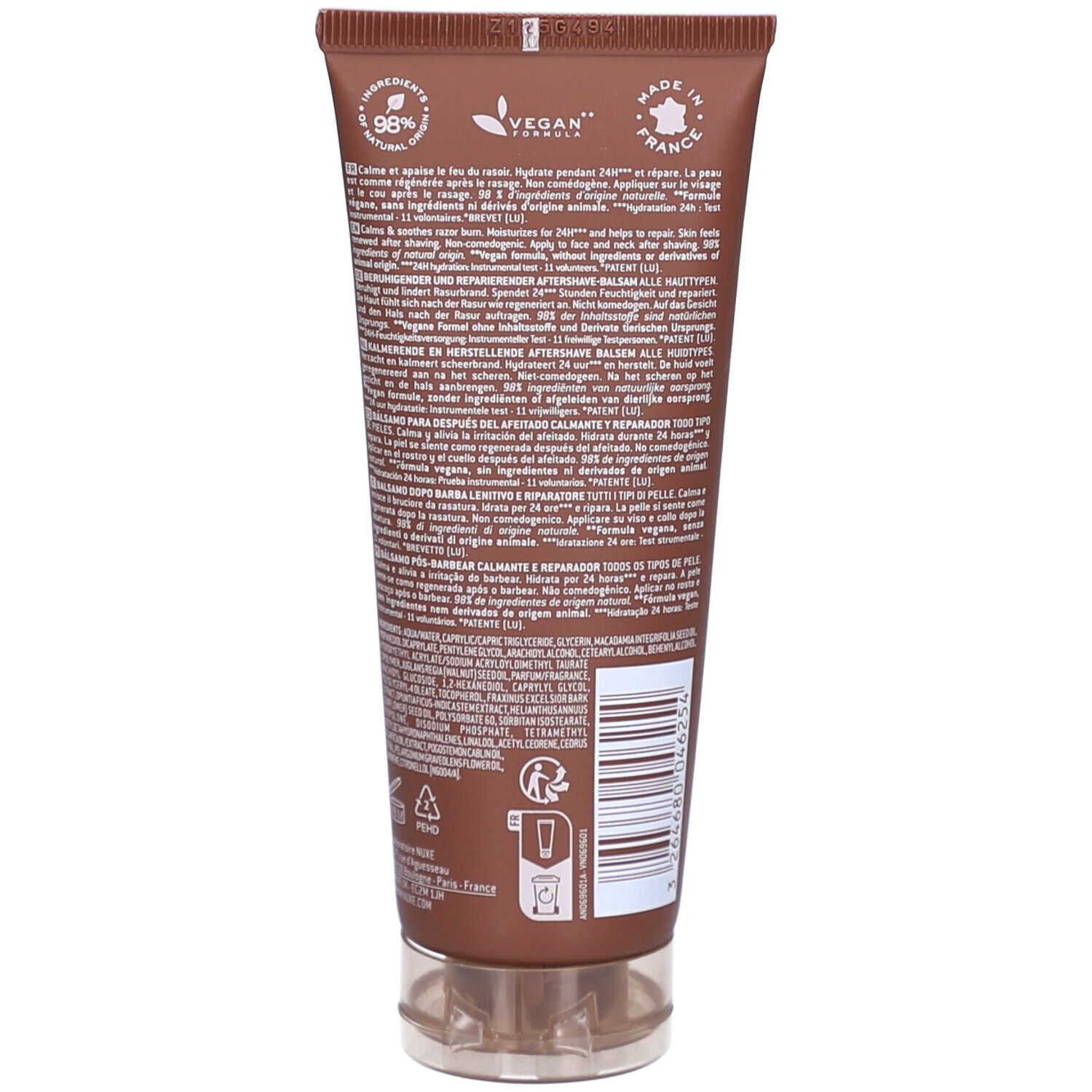 Dos du tube marron. Texte : Vegan, 98% ingrédients d'origine naturelle. Fabriqué en France.