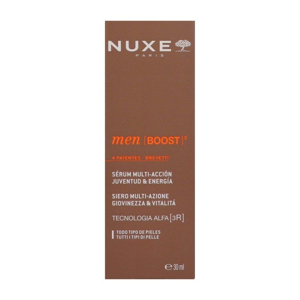 Kartonnen verpakking. Opschrift: Nuxe, men | BOOST, Sérum Multi-Actions Jeunesse & Energie, 30 ml.