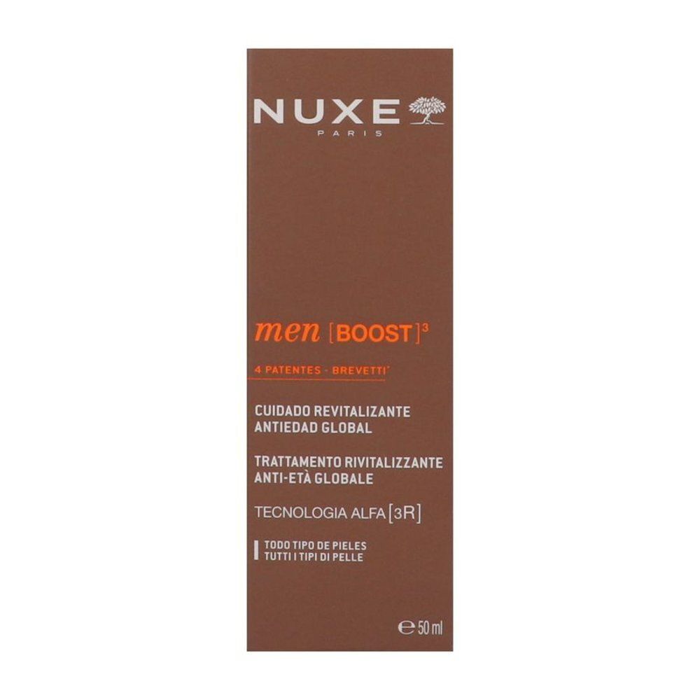 Boîte marron. Inscriptions: Nuxe Paris, men [BOOST], informations produit et ingrédients.