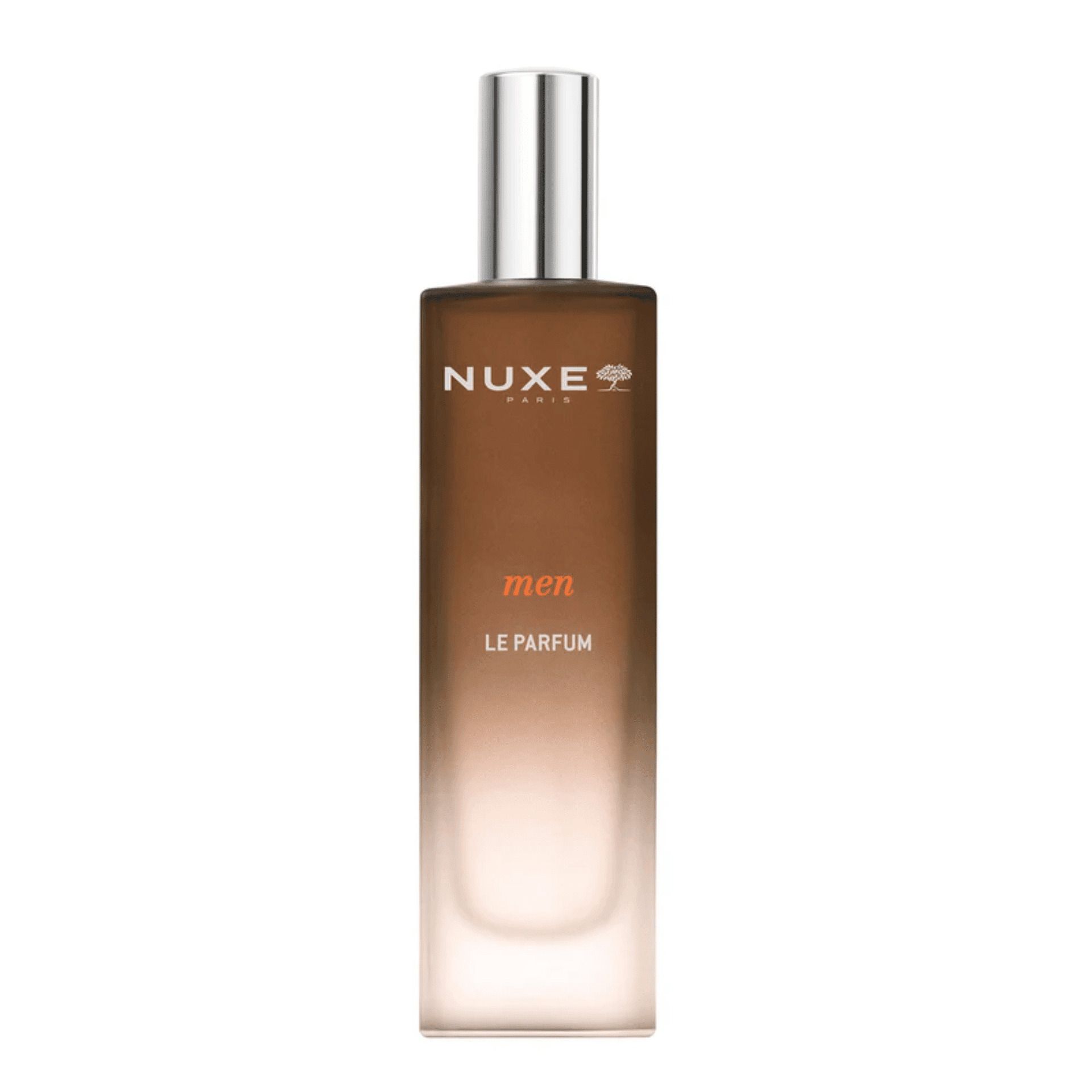 Bruine fles met zilveren dop. NUXE-logo en "men Le Parfum".