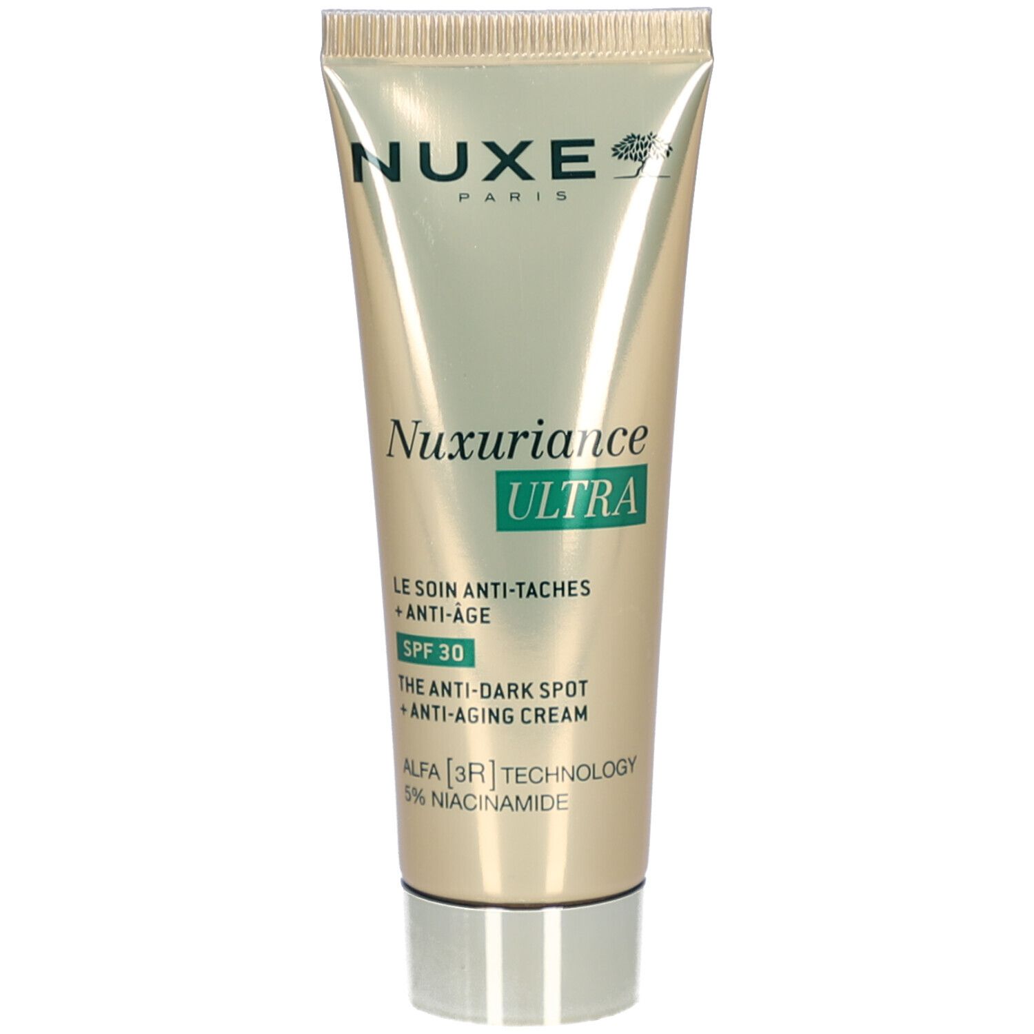 Gouden tube met product. Opschrift: Nuxe, Nuxuriance Ultra, SPF 30. Tekst: Anti-vlekken, Anti-age. Zilveren dop.