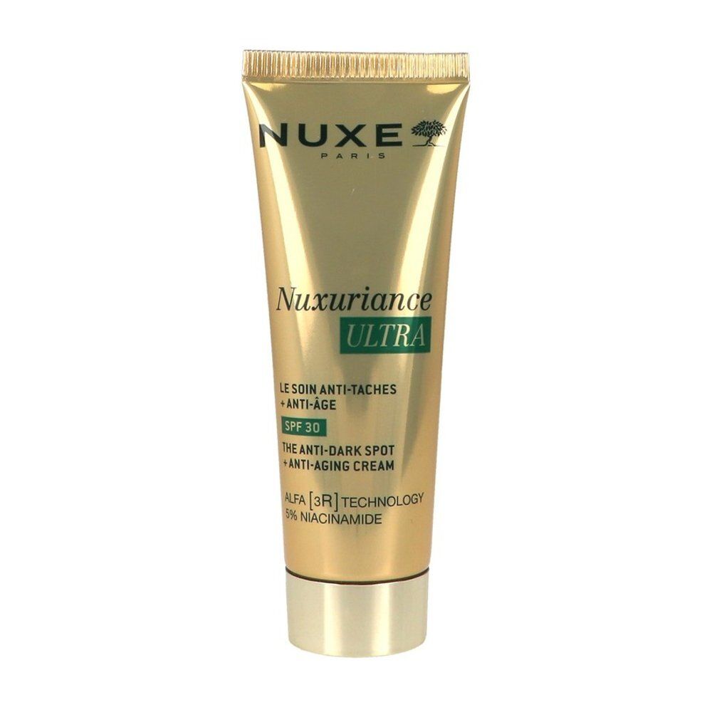 Achterkant van de Nuxe Nuxuriance Ultra SPF30 crème tube met instructies.