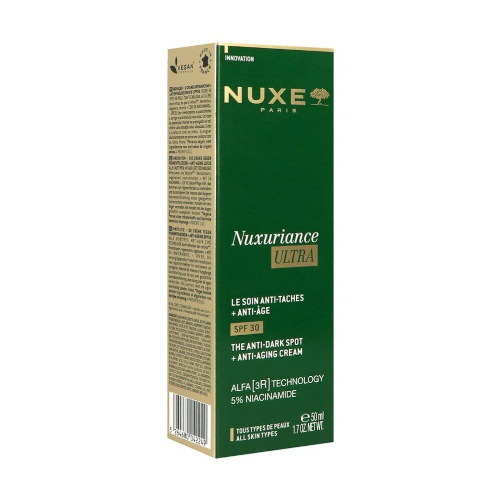 Zijkant van de Nuxe Nuxuriance Ultra SPF30 crème doos met tekst.