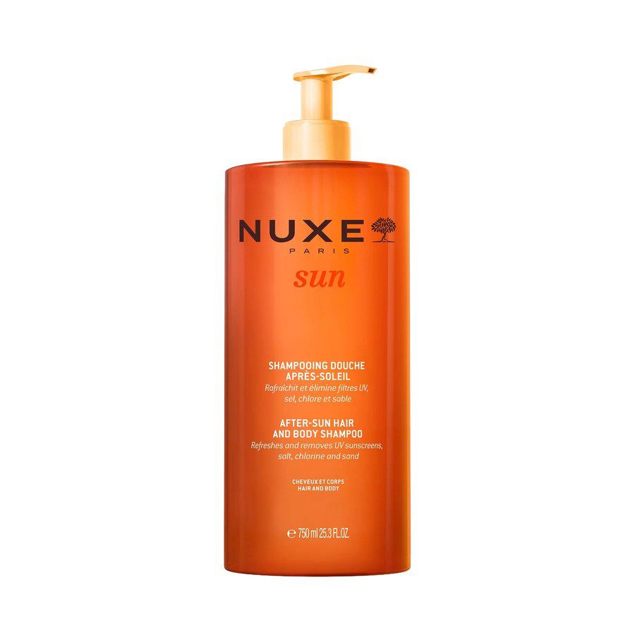 Flacon orange avec pompe dorée. Inscriptions: Nuxe Sun, Shampooing Douche Après-Soleil. Texte en français.