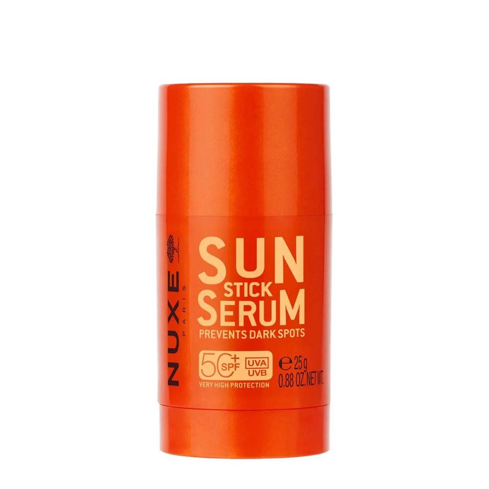 Oranje stick met SUN STICK SERUM SPF50+. Bevat 25g. Merk Nuxe.
