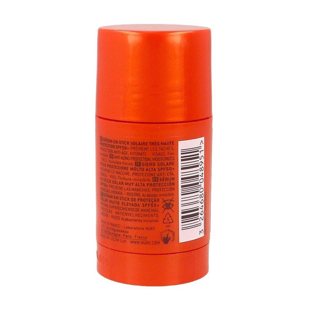 Nuxe Zonnebrandstick met Serum SPF 50+, achterkant met barcode.