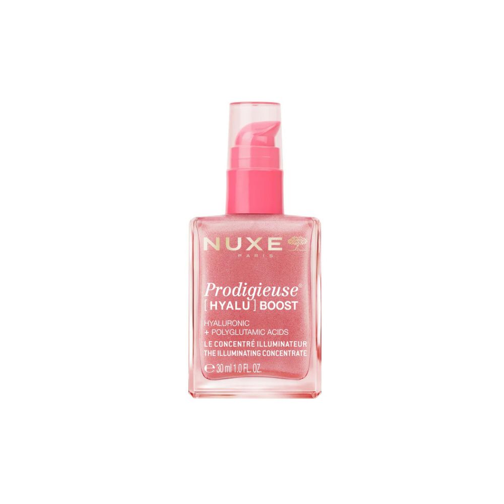 NUXE Prodigieuse [HYALU] Boost fles met pomp. Roze vloeistof zichtbaar. Bevat hyaluronzuur en polyglutaminezuur.