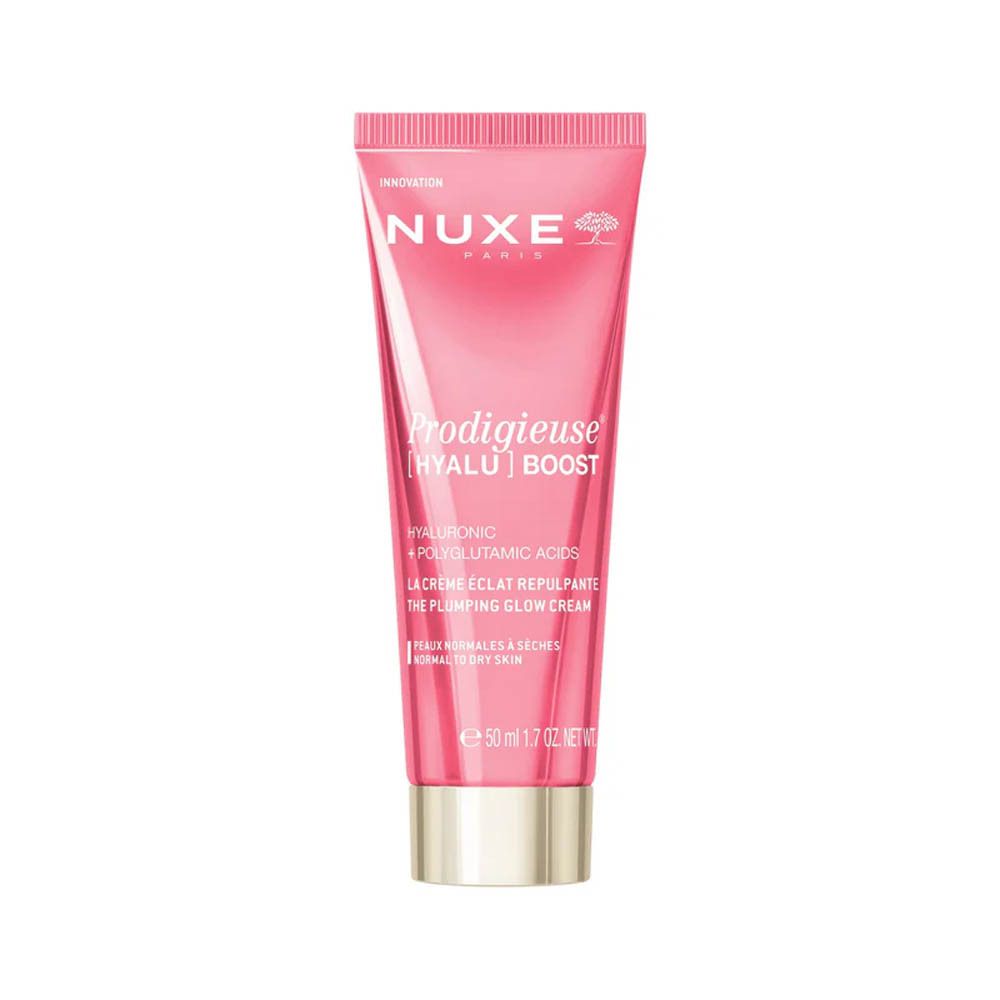 Tube rose NUXE Prodigieuse [HYALU] Boost Crème Éclat Repulpante. Contient acide hyaluronique et polyglutamique. Pour peaux normales à sèches.