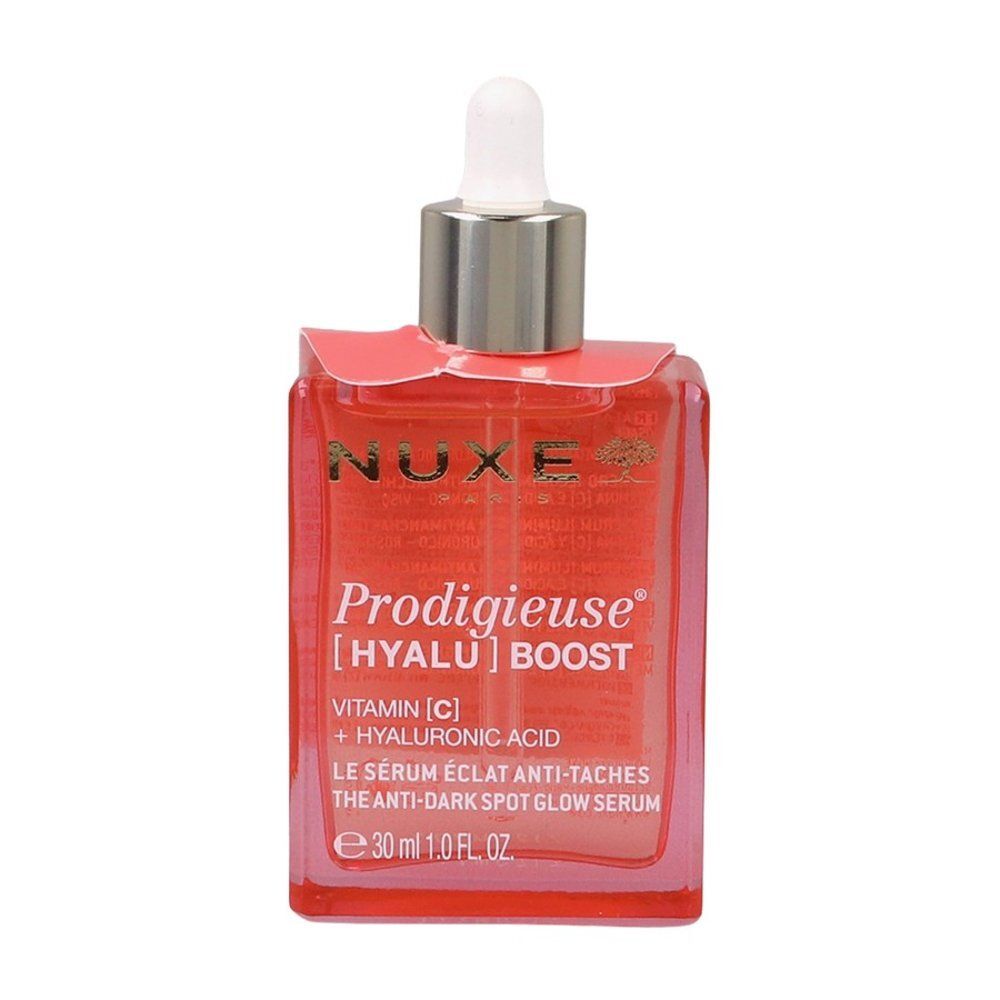 Achterkant Nuxe Prodigieuse [Hyalu] Boost Serum fles. 96% ingrediënten van natuurlijke oorsprong. Vegan.