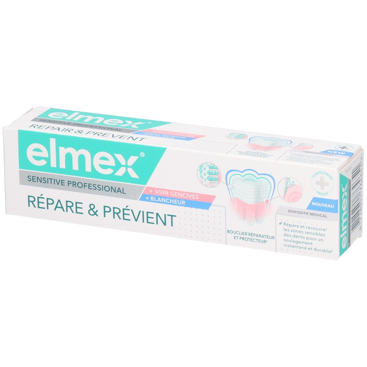 Elmex Sensitive Professional tandpastadoos. Repareert en voorkomt. Met afbeelding van tanden en tandvlees.