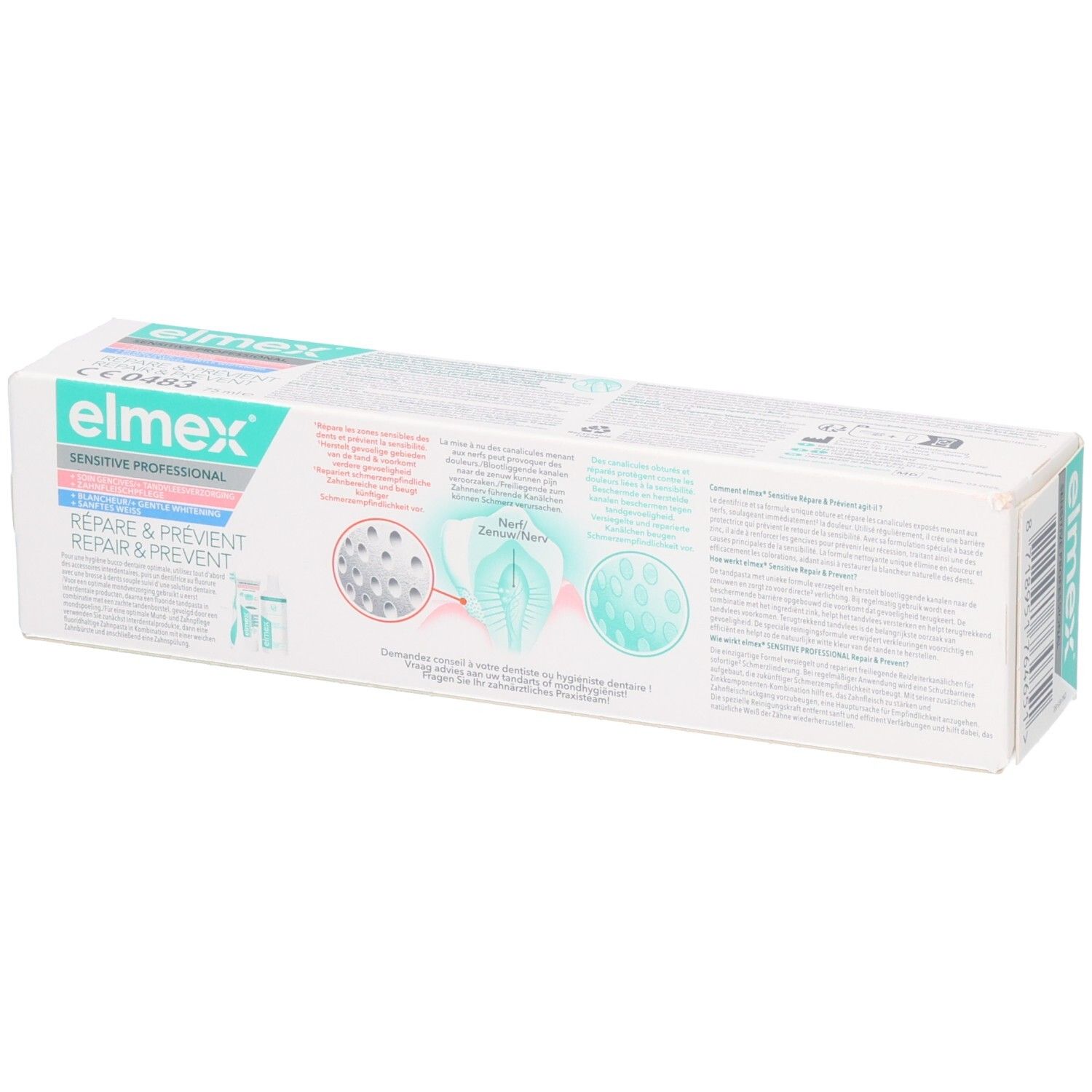 Elmex Sensitive Professional tandpastaverpakking met informatie over herstel en preventie.