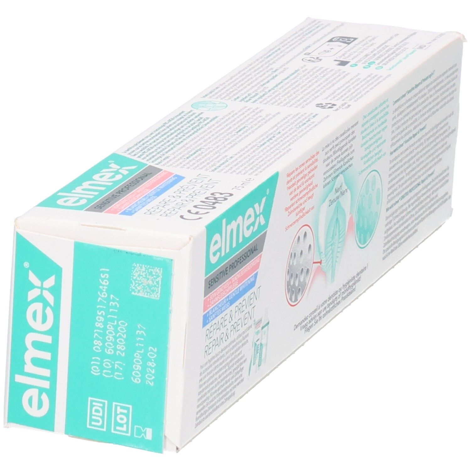 Elmex Sensitive Professional tandpastadoos. Bevat informatie over reparatie en preventie.