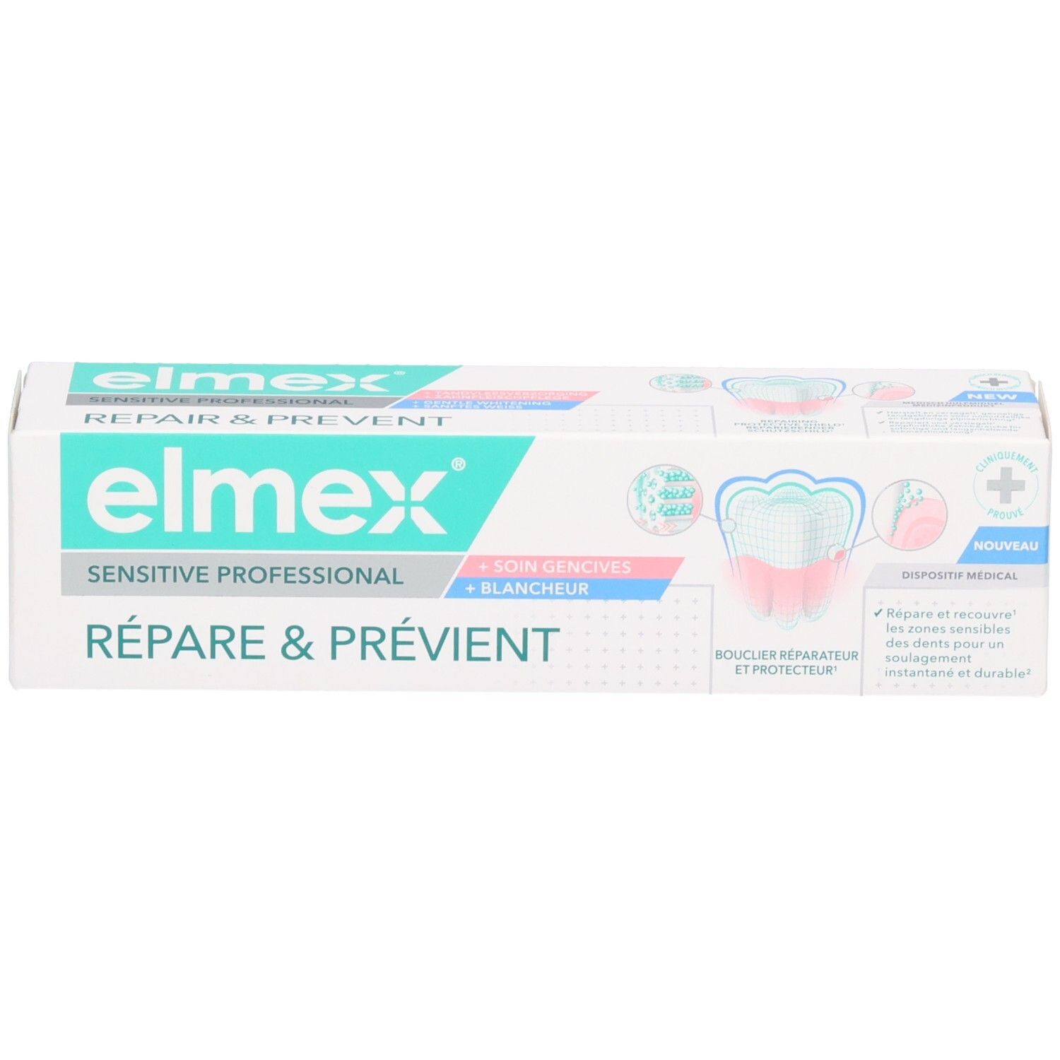 Elmex Sensitive Professional tandpasta, Herstel & Preventie, met tandafbeelding.