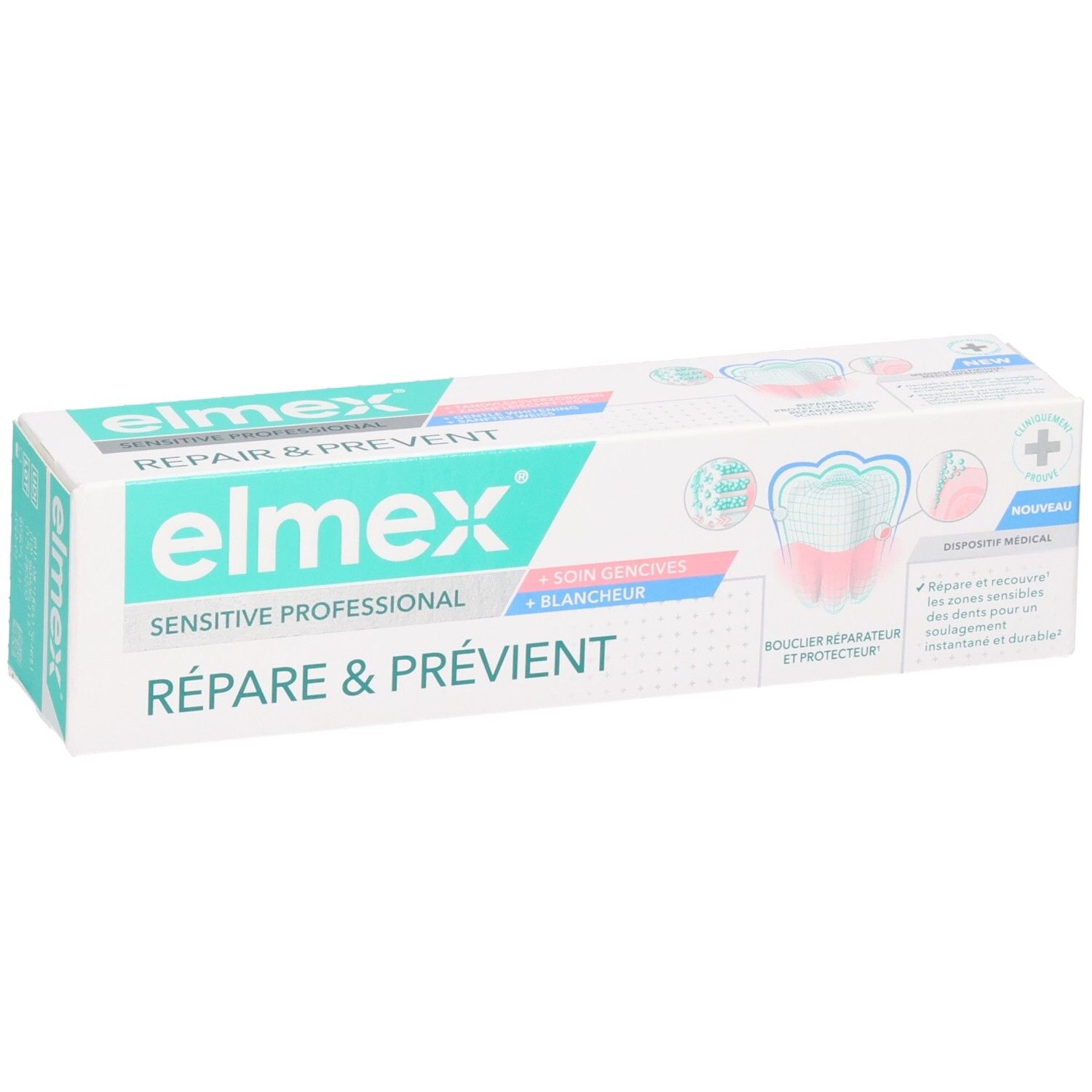 Elmex Sensitive Professional tandpastadoos. Repareert & voorkomt. Met tand- en tandvleesafbeelding.