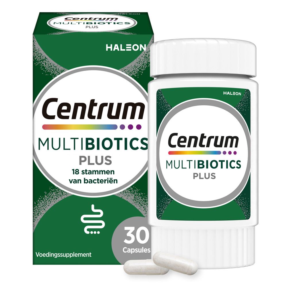 Productverpakking en fles. Opschrift: Centrum Multibiotics Plus, 30 capsules. Twee capsules.