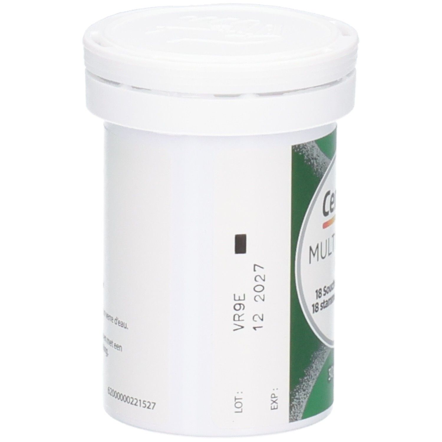 Witte fles met deksel. Etiket met productinformatie. Opschrift: Centrum Multibiotics Plus.