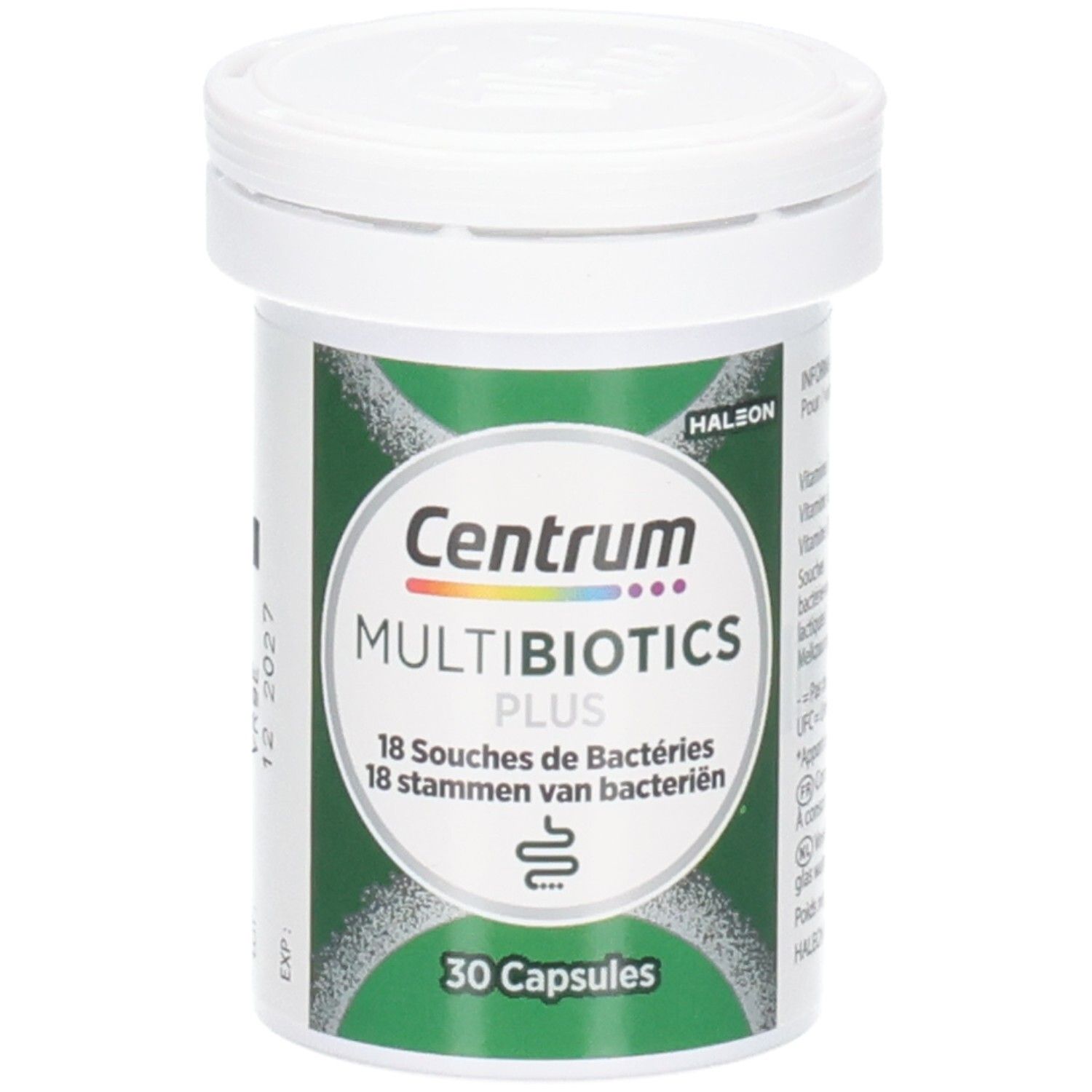 Witte fles met deksel. Etiket met productinformatie. Opschrift: Centrum Multibiotics Plus, 30 capsules.