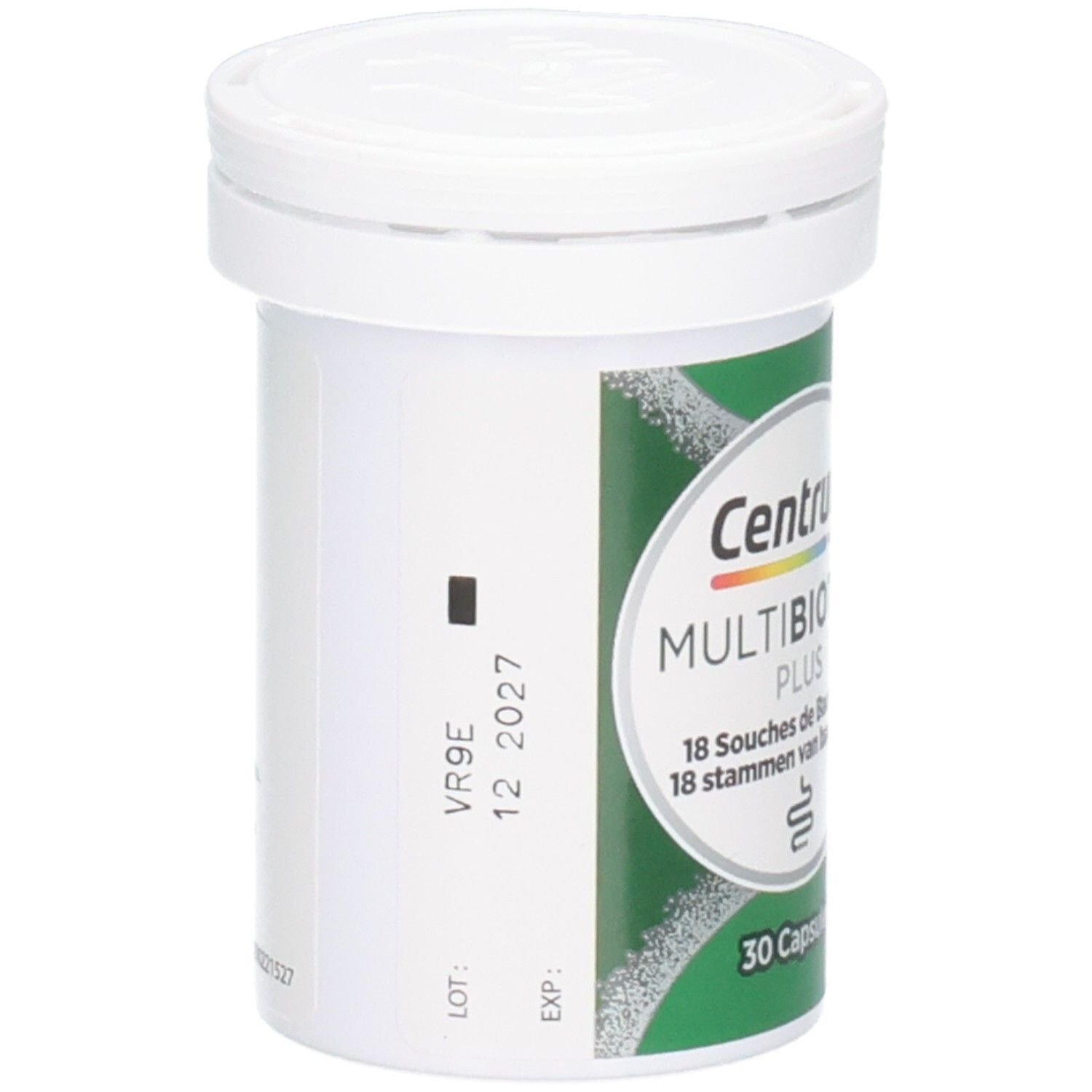 Witte fles met deksel. Etiket met productinformatie. Opschrift: Centrum Multibiotics Plus, 30 capsules.
