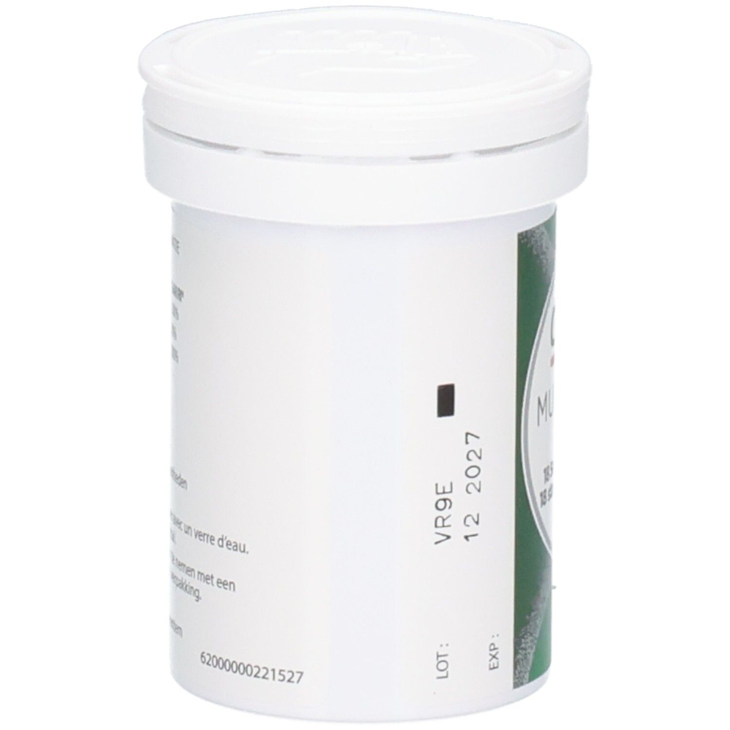 Witte fles met deksel. Etiket met productinformatie. Opschrift: Centrum Multibiotics Plus.