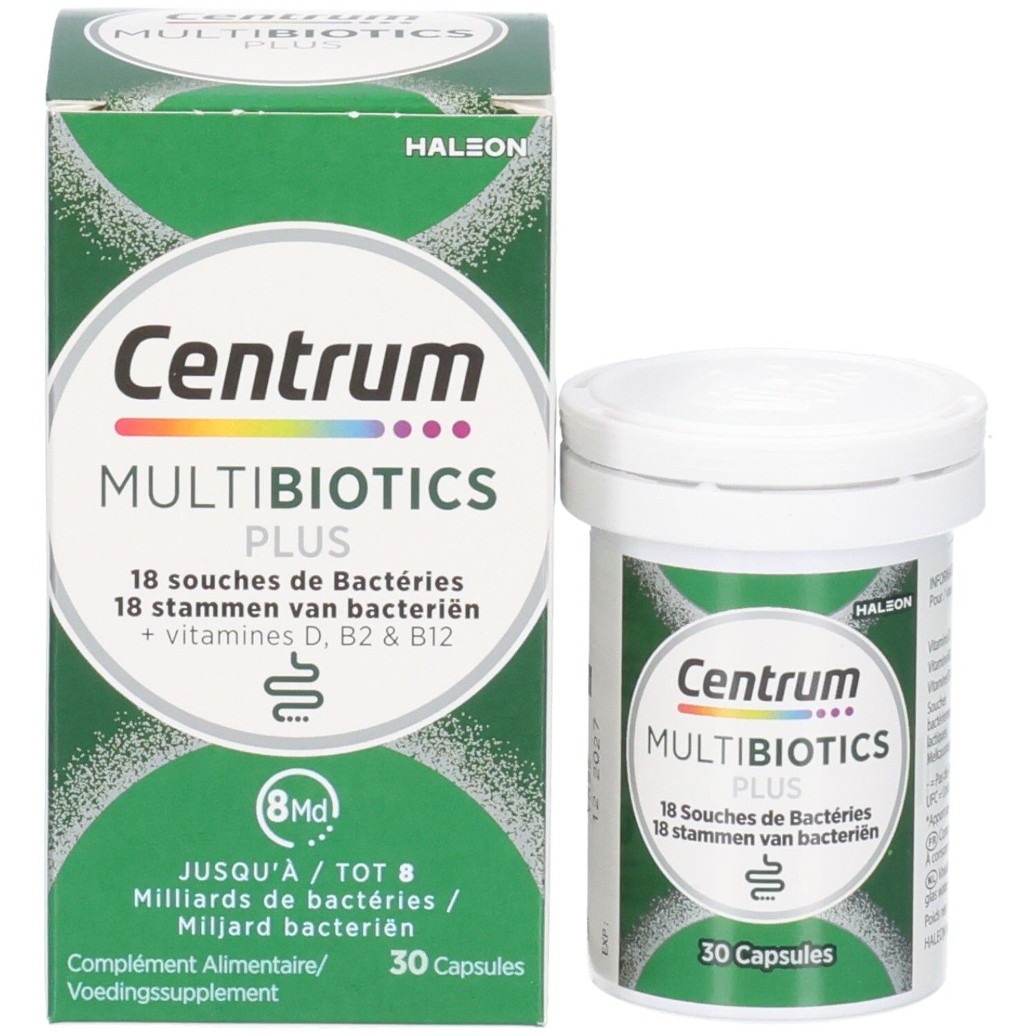 Productverpakking en fles. Opschrift: Centrum Multibiotics Plus, 30 capsules. Groene verpakking.