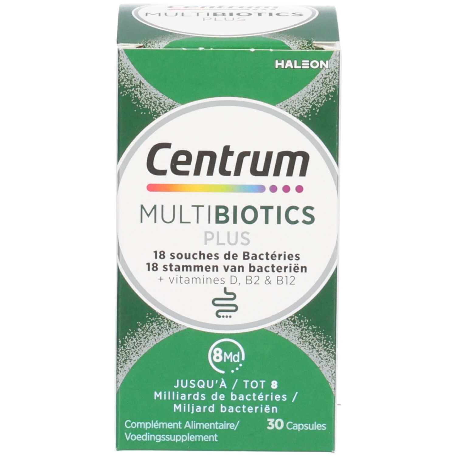 Productverpakking. Opschrift: Centrum Multibiotics Plus, 30 capsules. Groene verpakking.