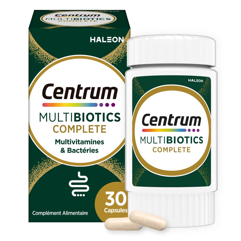 Emballage et flacon du produit. Contient Centrum MultiBiotics Complete. 30 gélules et gélules.