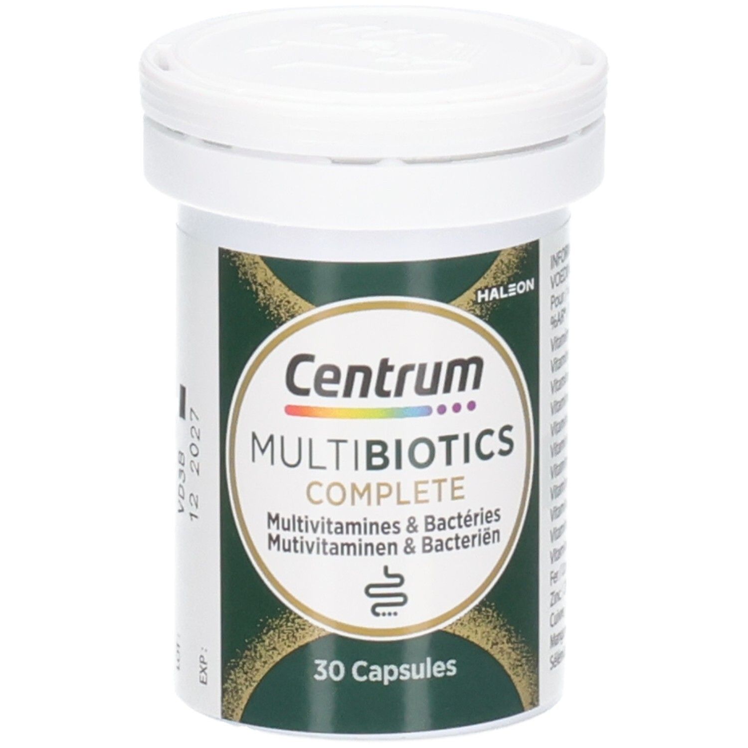Flacon blanc avec texte. Contient le produit Centrum MultiBiotics Complete. 30 gélules.