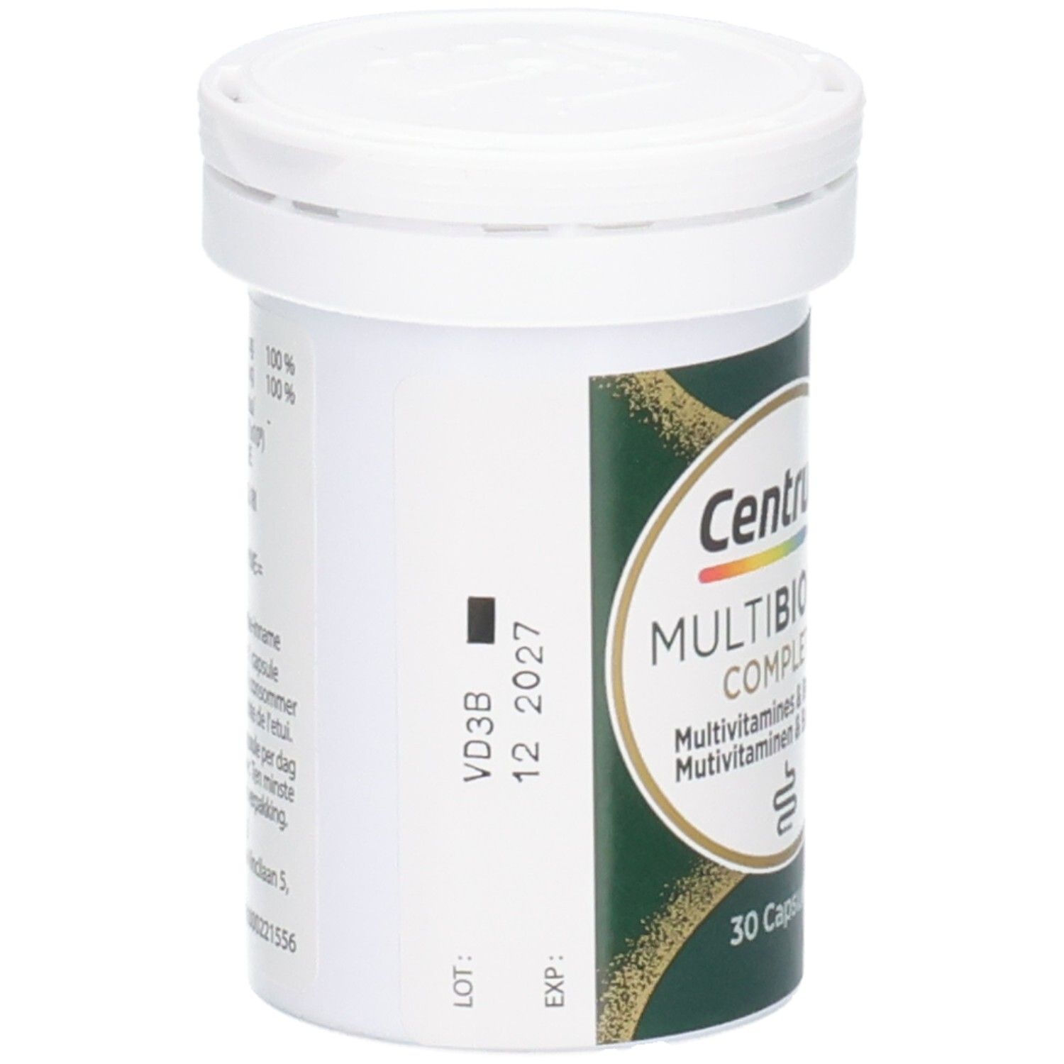 Flacon blanc avec texte. Contient le produit Centrum MultiBiotics Complete. 30 gélules.
