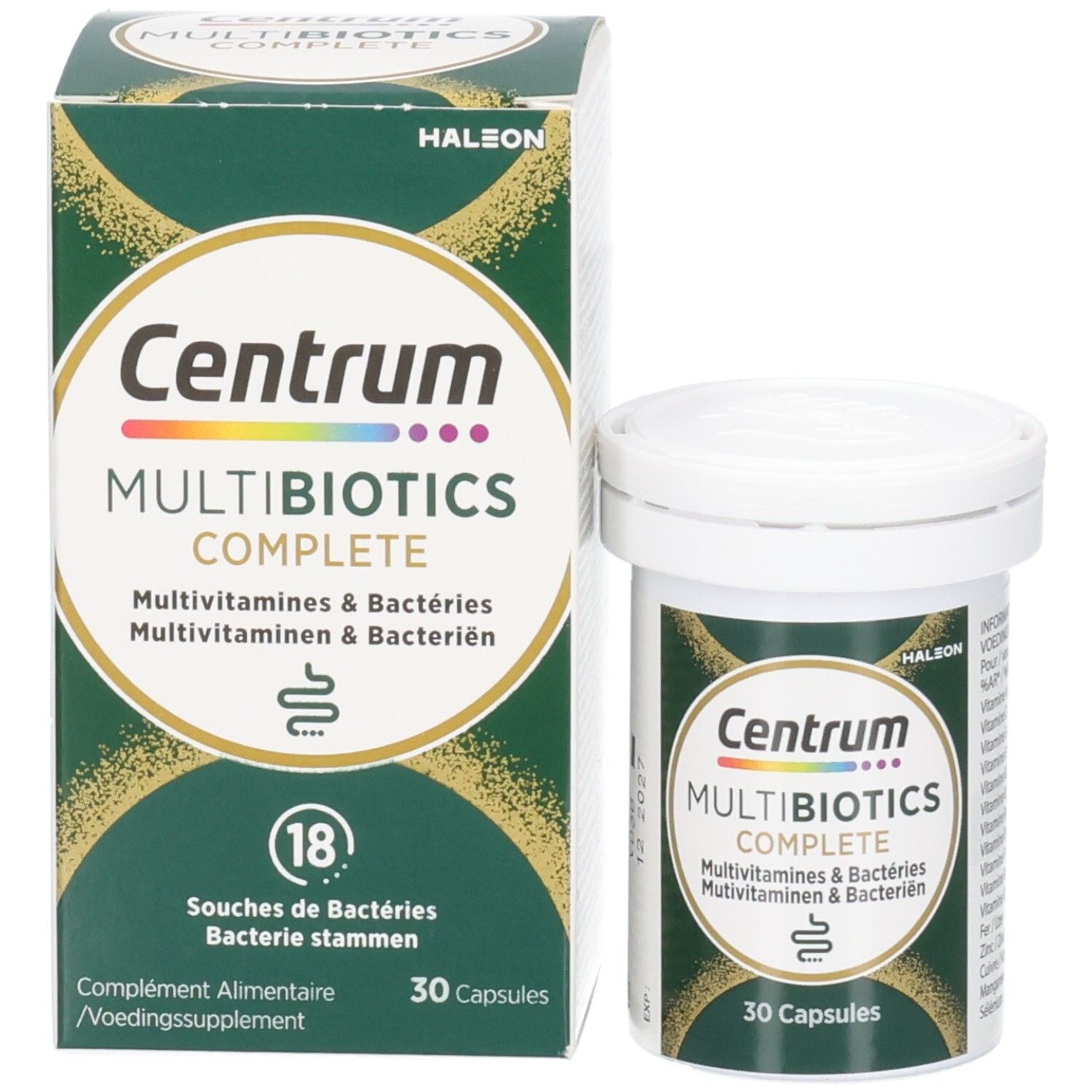 Emballage et flacon du produit. Contient Centrum MultiBiotics Complete. 30 gélules.