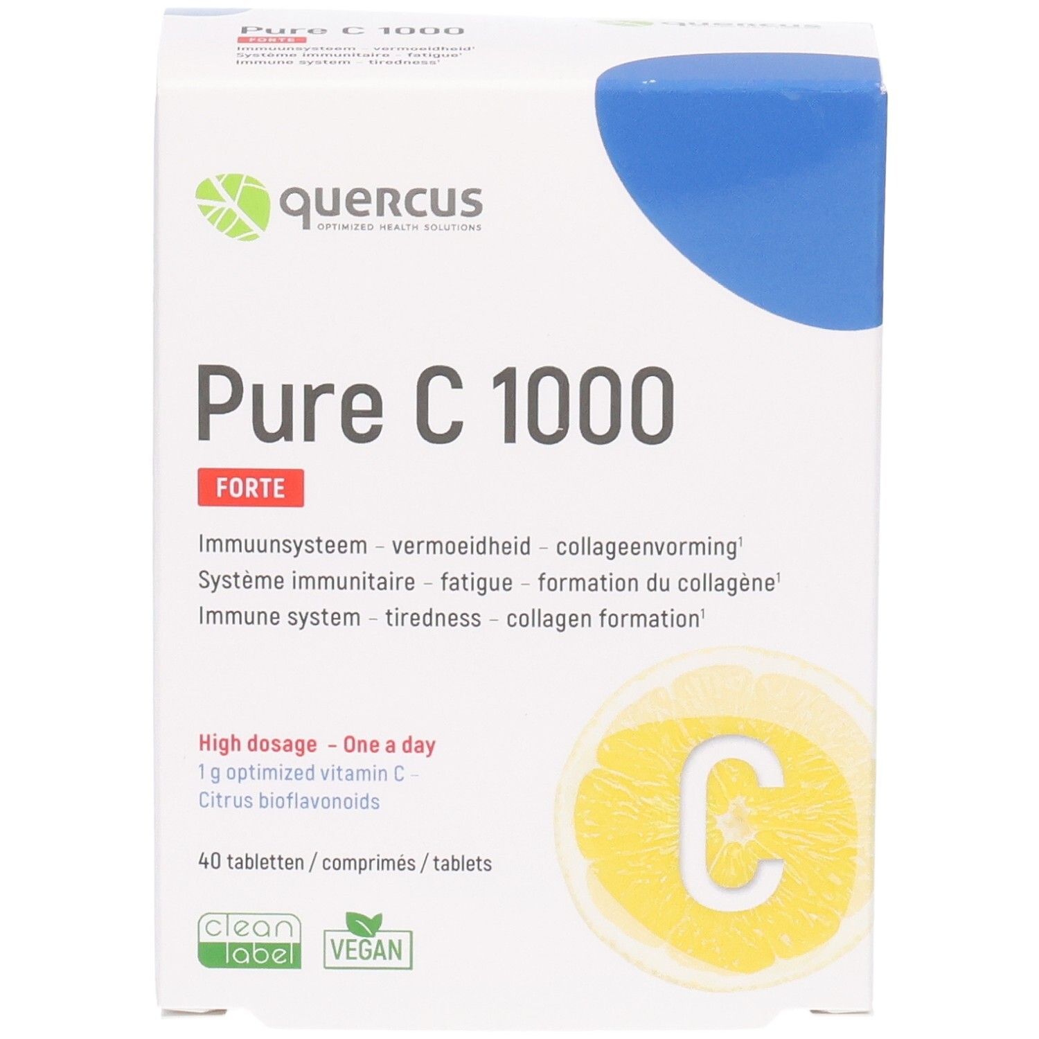 Emballage Quercus Pure C 1000 Forte. Vue de face. Nom du produit et logo. Label Vegan.