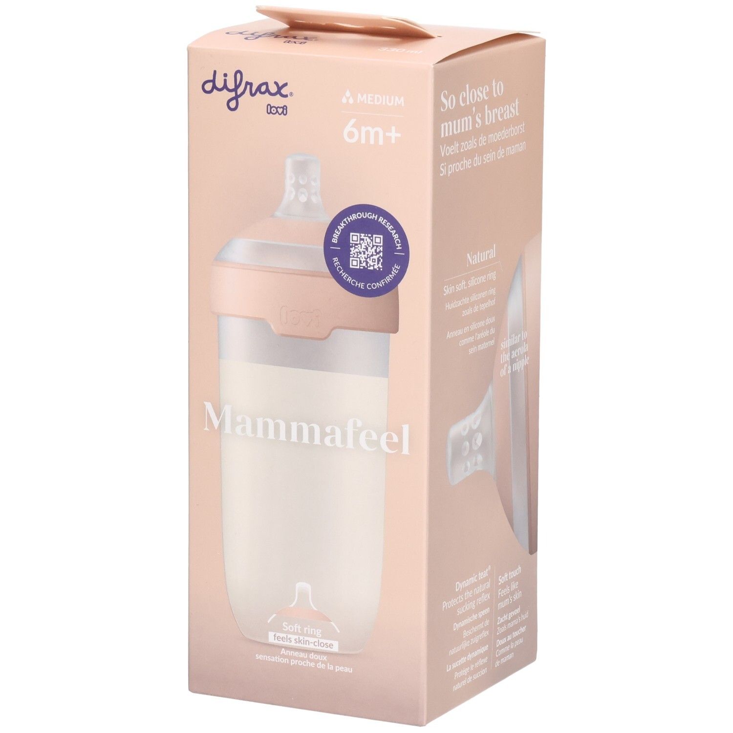 Boîte de biberon Mammafeel de Difrax. Rose et blanc. Indication 6m+.