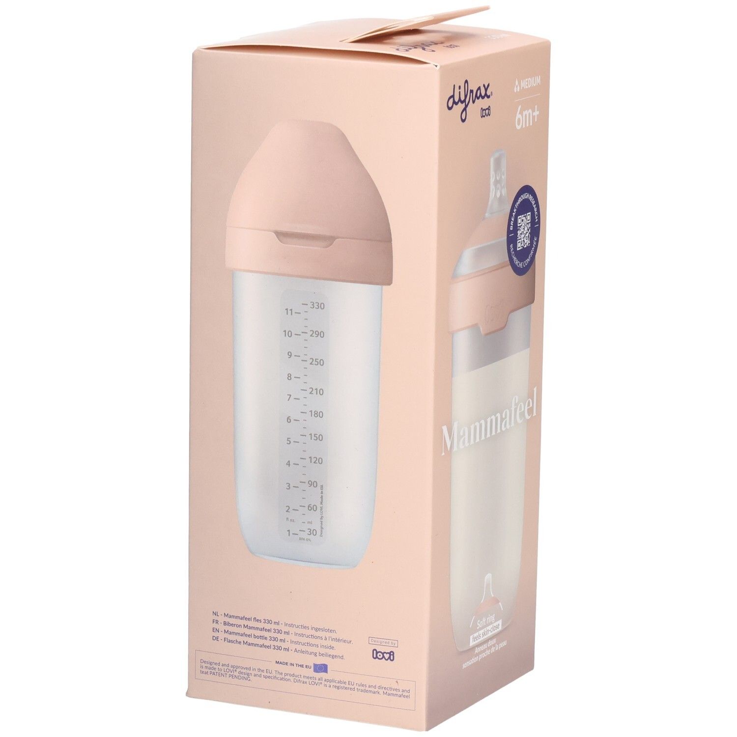 Boîte de biberon Mammafeel de Difrax. Rose et blanc. Avec échelle de mesure.