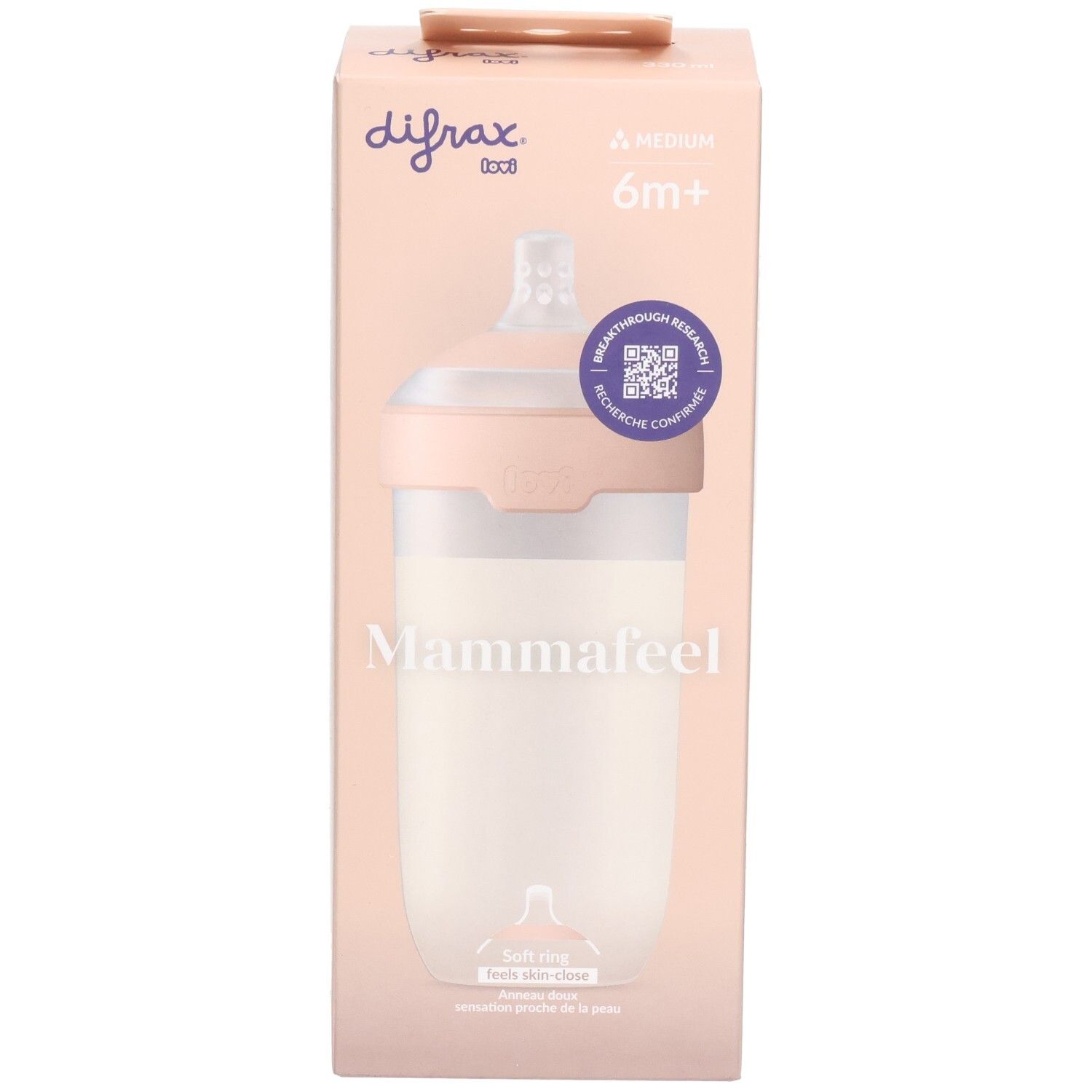 Boîte de biberon Mammafeel de Difrax. Rose et blanc. Indication 6m+.