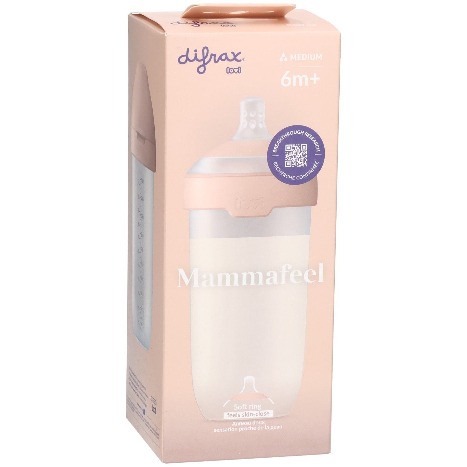 Boîte de biberon Mammafeel de Difrax. Rose et blanc. Indication 6m+.