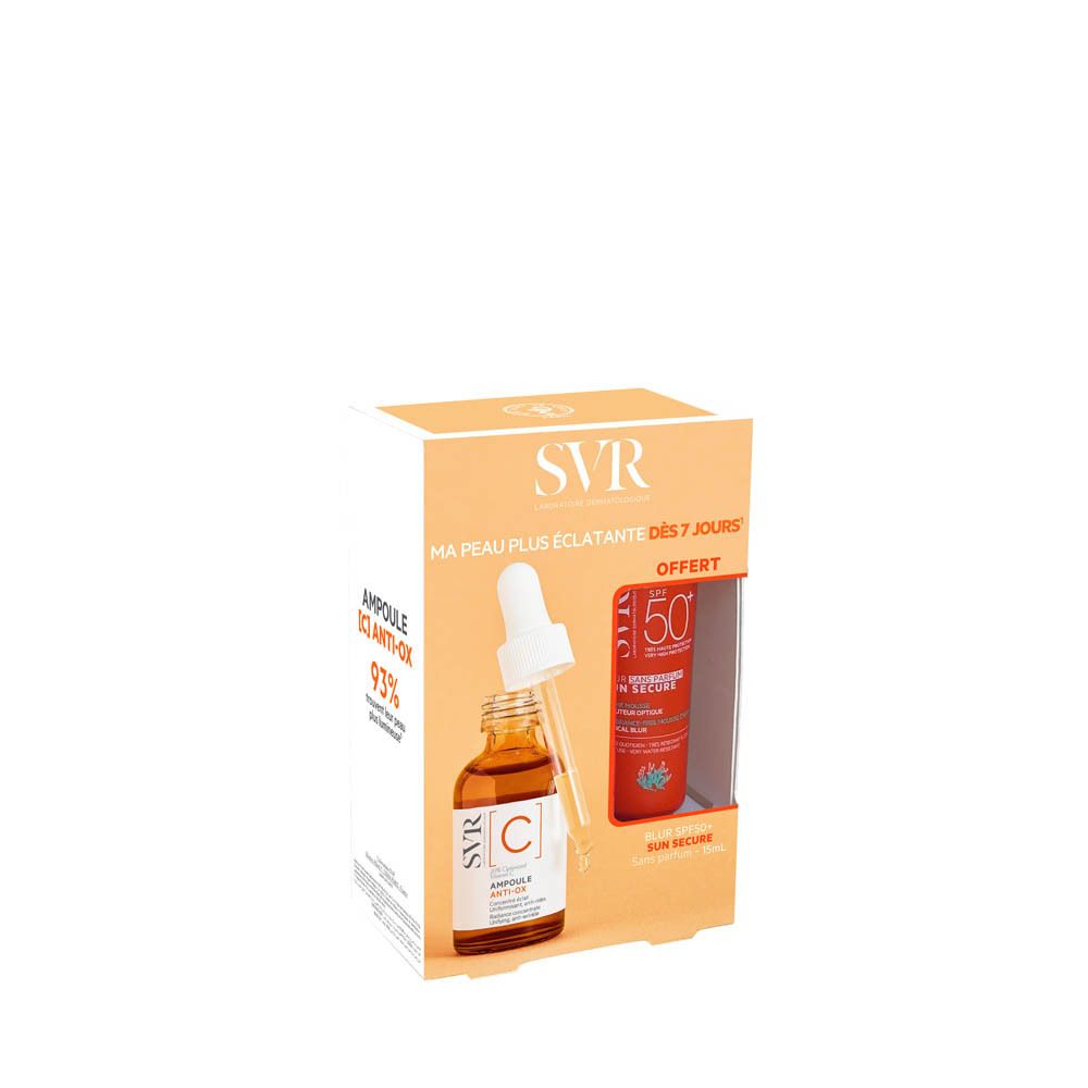 Geschenkset met serumfles en zonnecrèmetube. Oranje verpakking met productnamen en SPF50+.