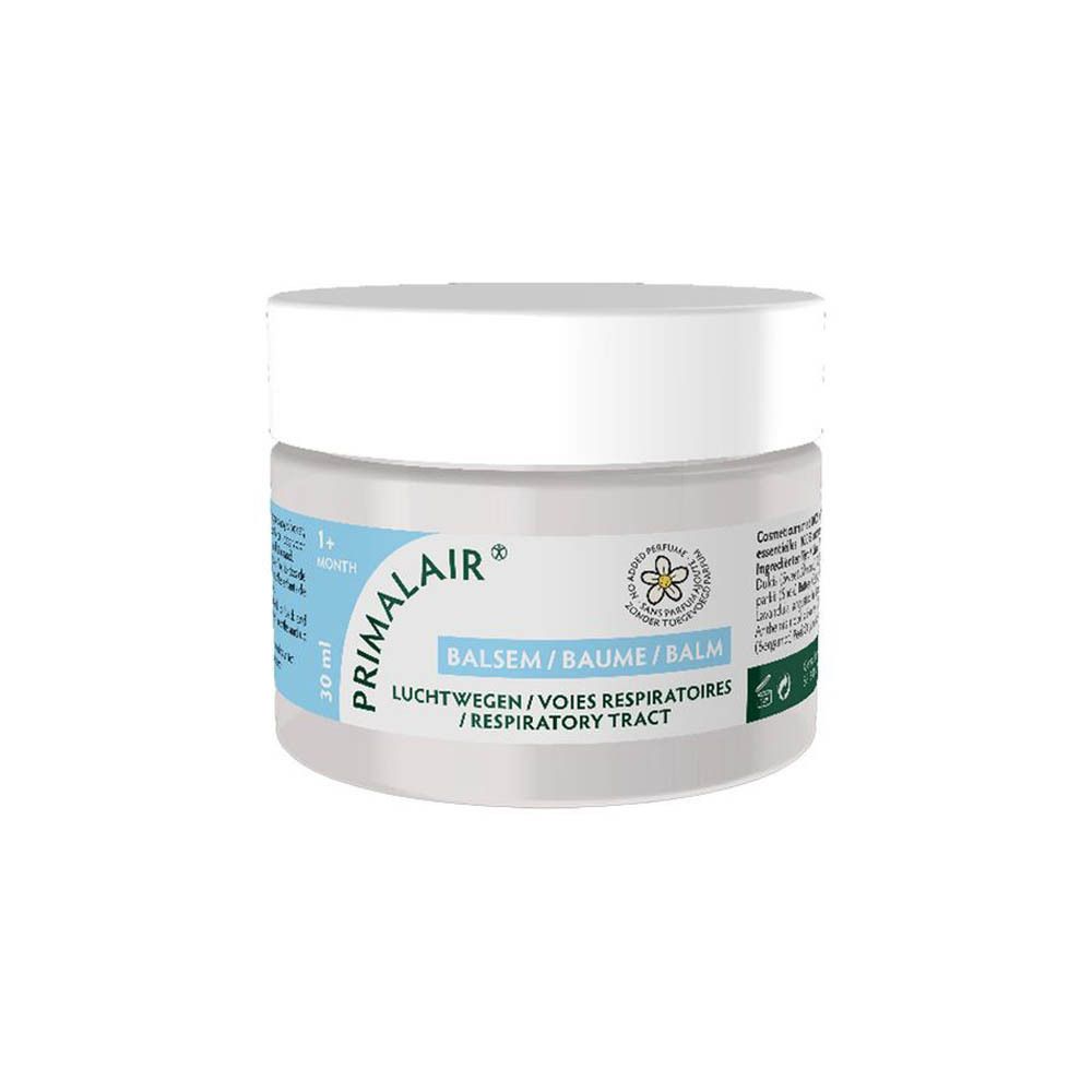 Pot en verre avec couvercle blanc. Inscription: PRIMALAIR, Baume, 30 ml. Logo: fleur. Texte: 1+ mois.