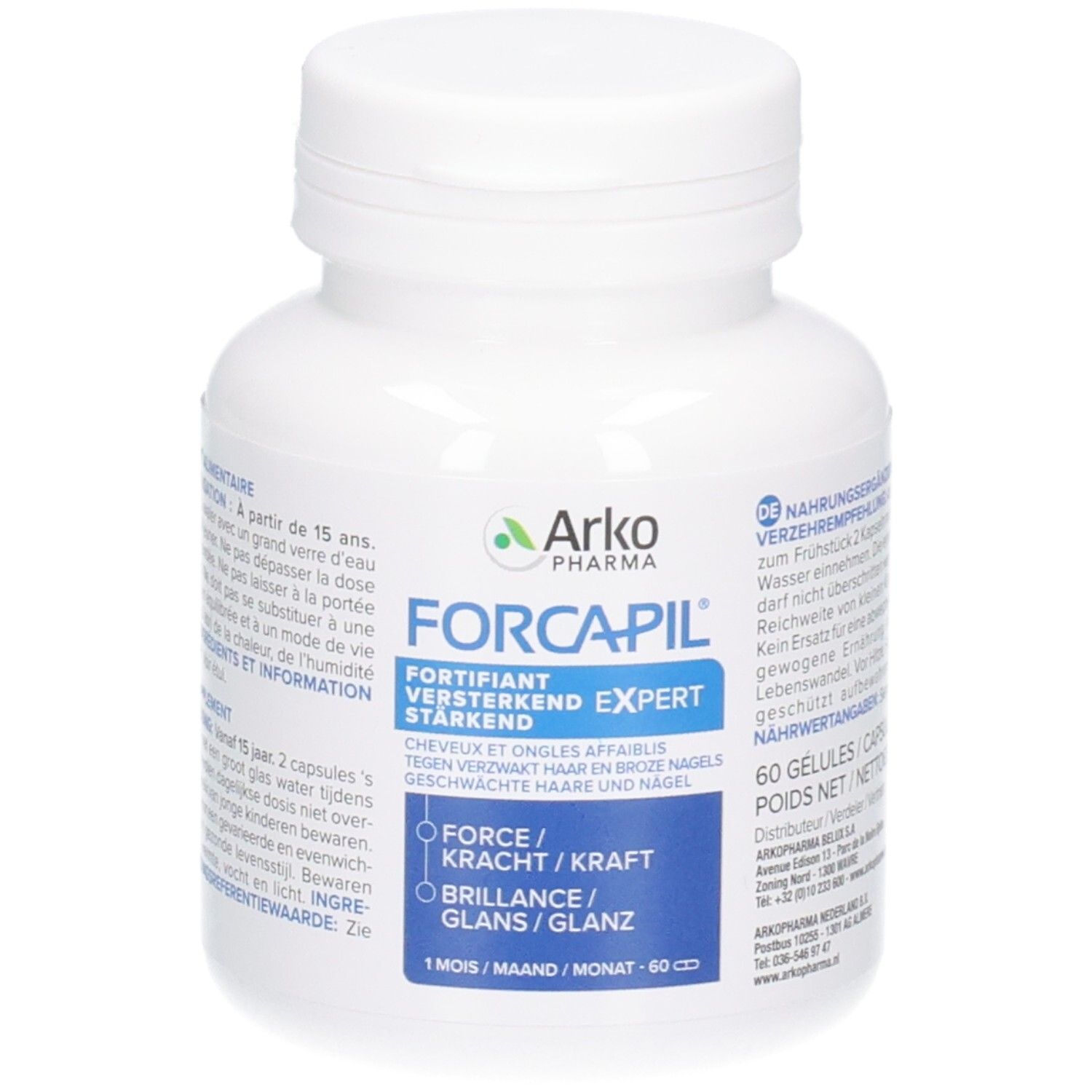 Witte pillenpot met blauw etiket, Arkopharma Forcapil Fortifiant Expert.