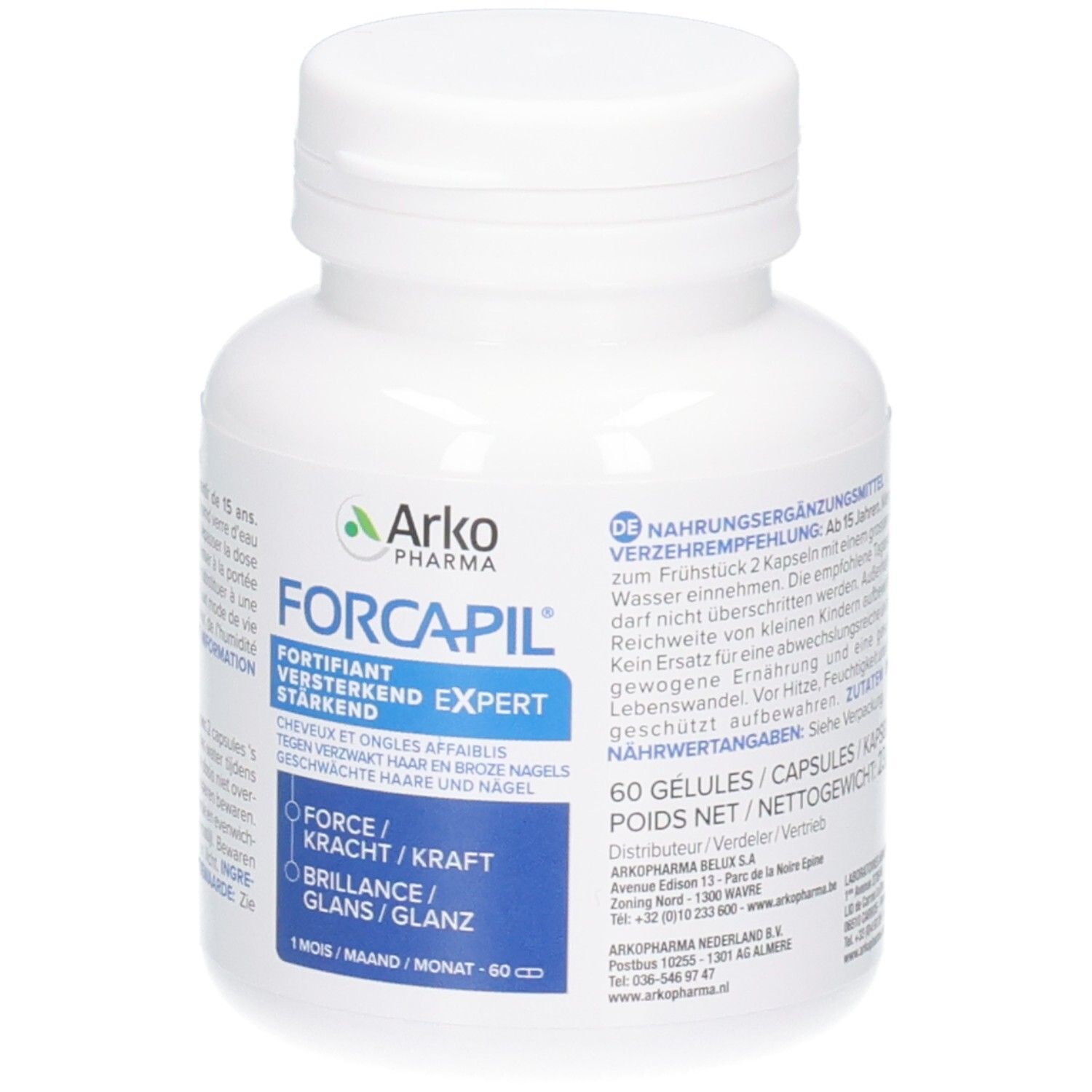 Witte pillenpot met blauw etiket, Arkopharma Forcapil Fortifiant Expert, 60 capsules.