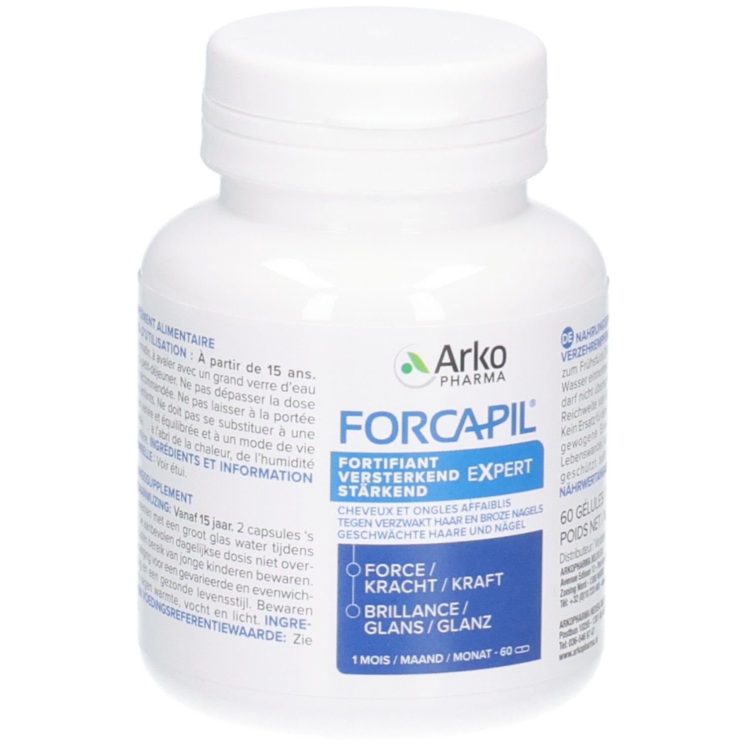 Witte pillenpot met blauw etiket, Arkopharma Forcapil Fortifiant Expert, 60 capsules.