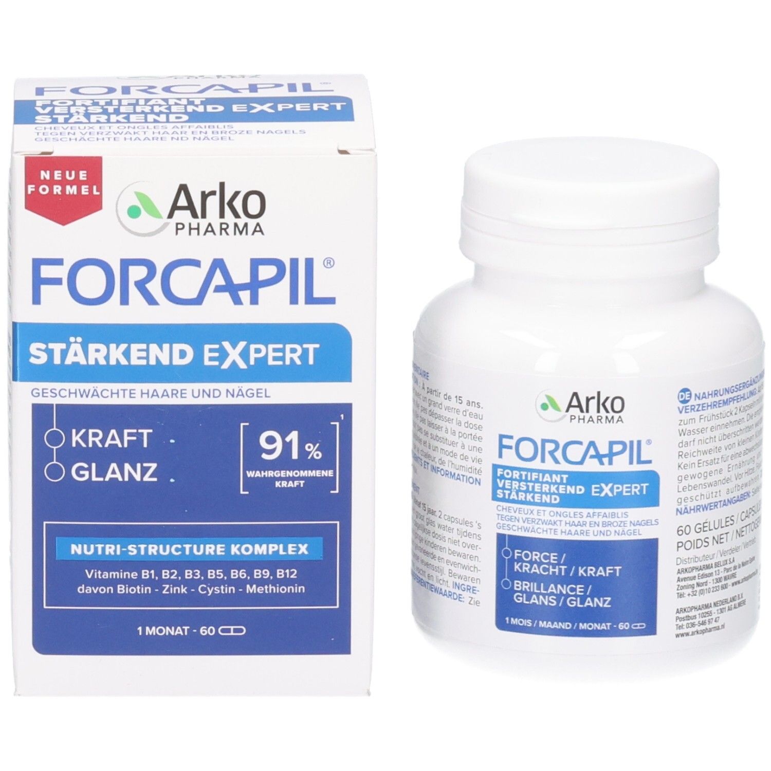 Verpakking en pillenpot Arkopharma Forcapil Fortifiant Expert, 60 capsules.