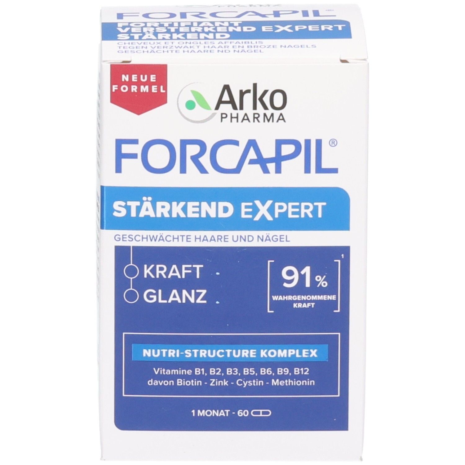 Verpakking Arkopharma Forcapil Fortifiant Expert met voedingsinformatie en 91% waargenomen kracht.