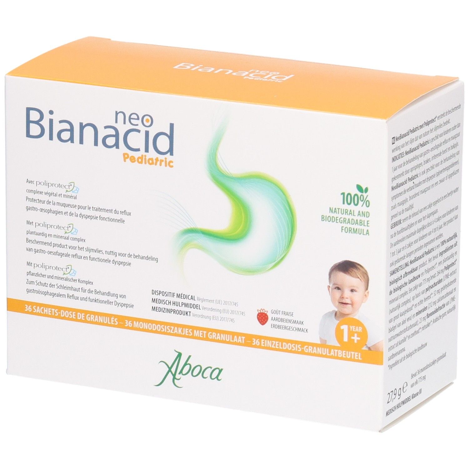 Boîte Neo Bianacid Pediatric. Illustration d'un bébé et d'un estomac vert. Contient 36 sachets de granulés.
