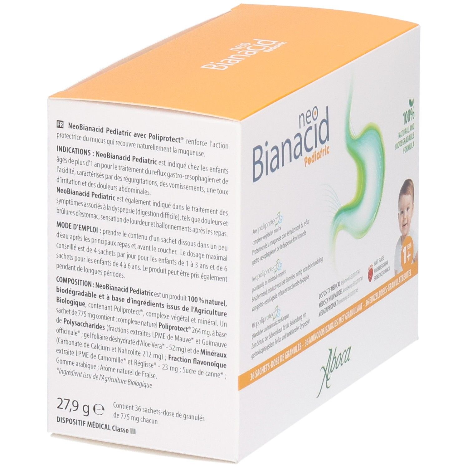 Boîte Neo Bianacid Pediatric. Informations et ingrédients. Illustration d'un bébé et d'un estomac vert.