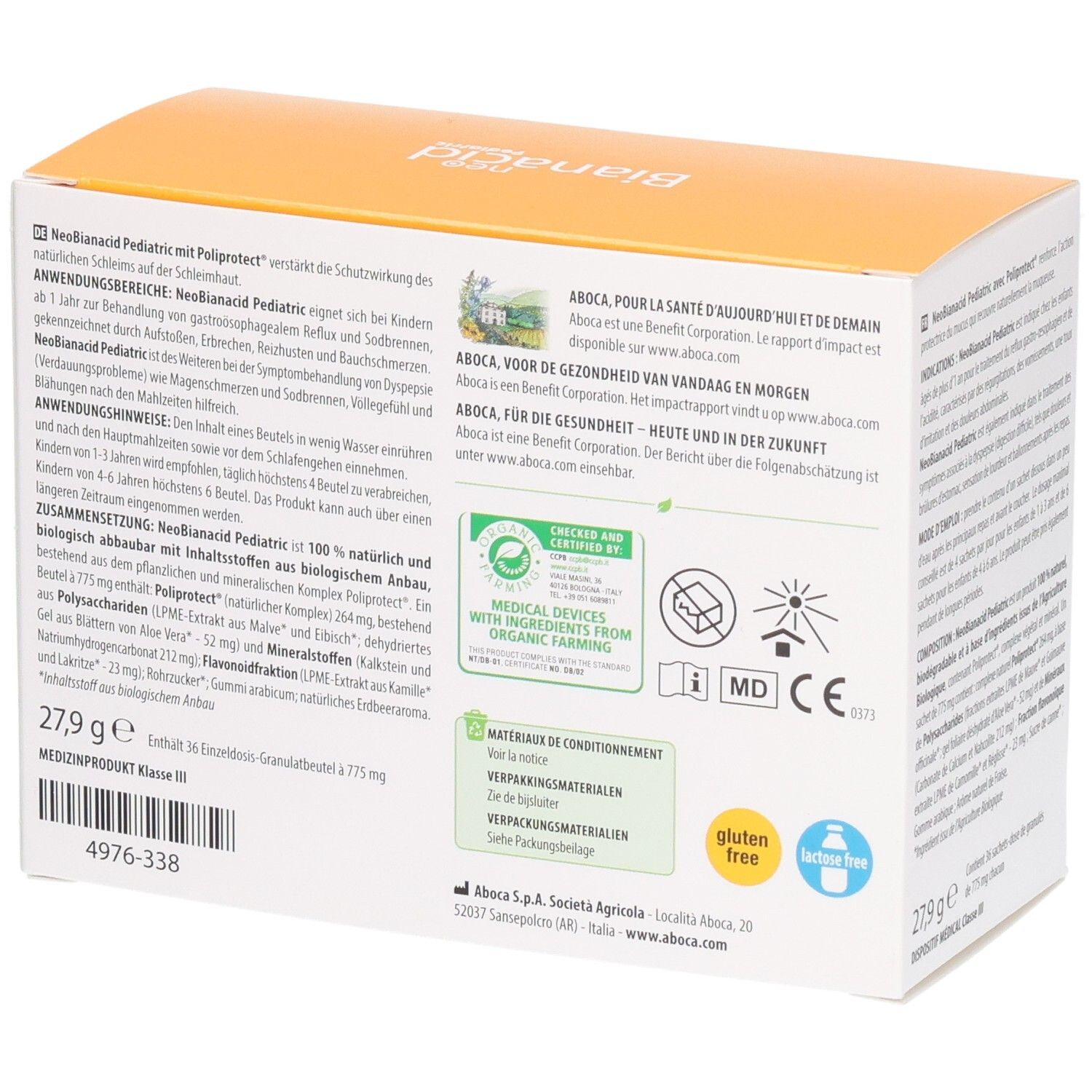 Boîte Neo Bianacid Pediatric. Informations, certifications et logos. Logo sans gluten.